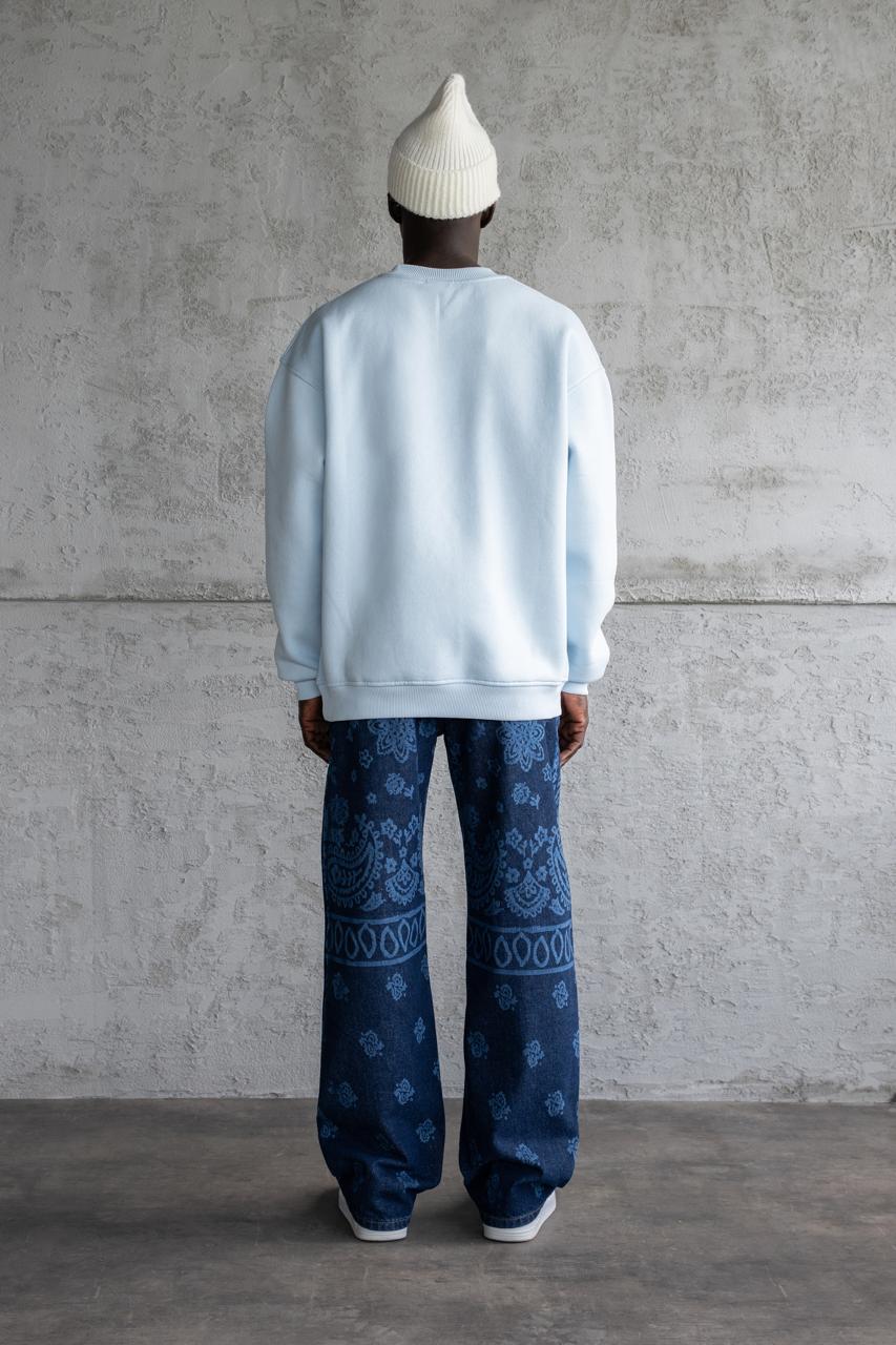 Erkek Basic Bisiklet Yaka Oversize Sweatshirt Açık Mavi