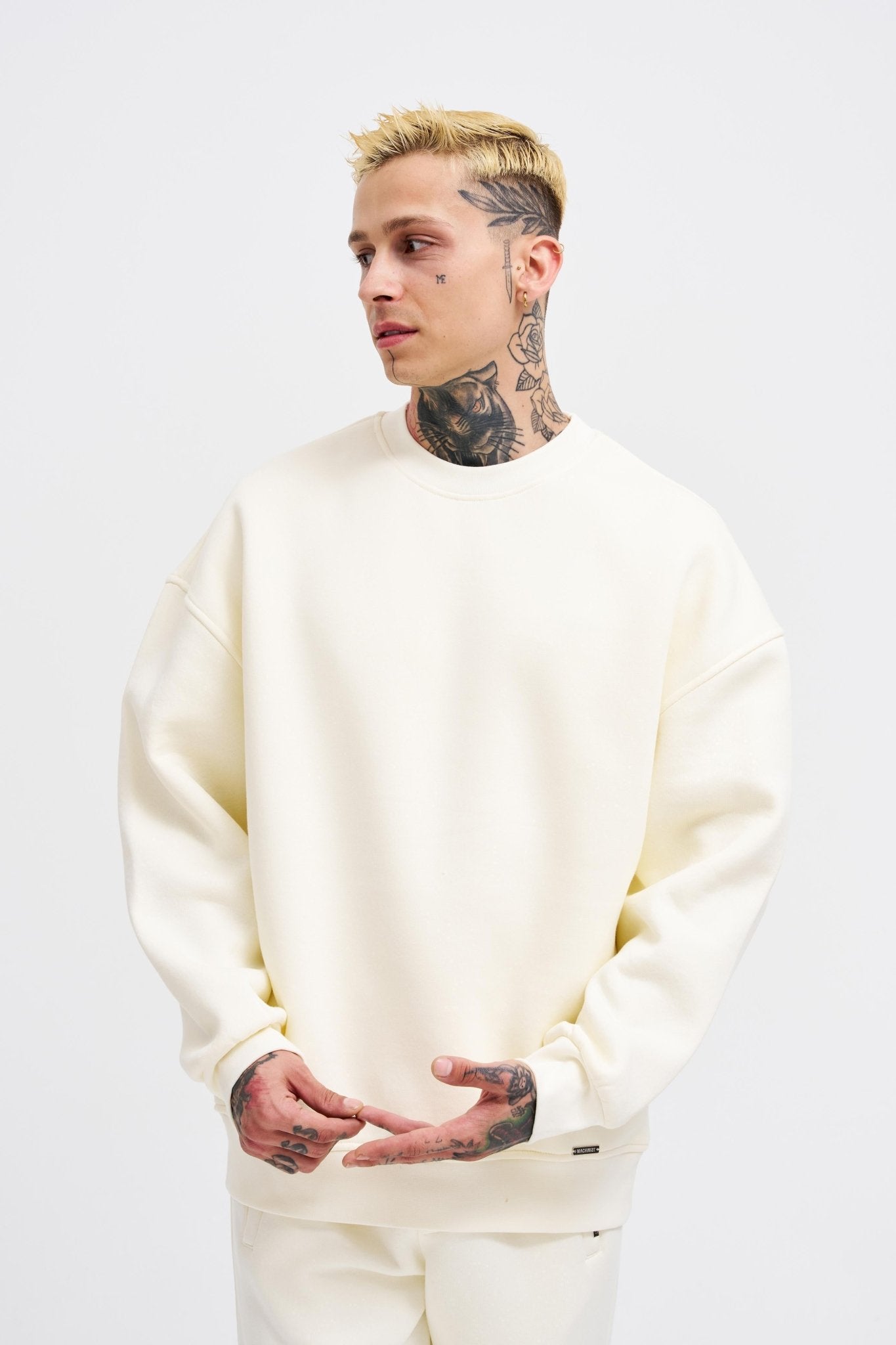 Erkek Basic Bisiklet Yaka Oversize Sweatshirt Ekru