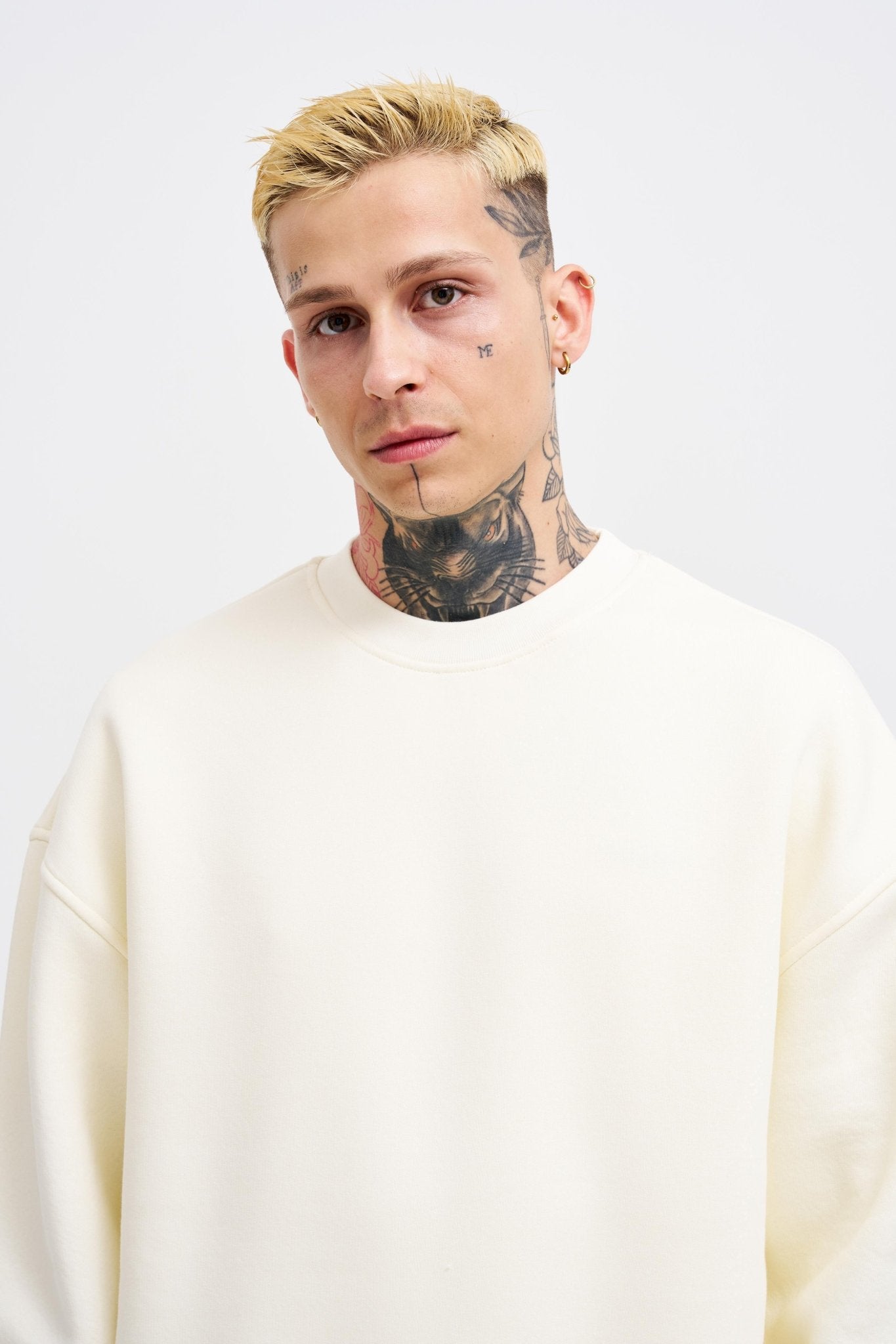 Erkek Basic Bisiklet Yaka Oversize Sweatshirt Ekru