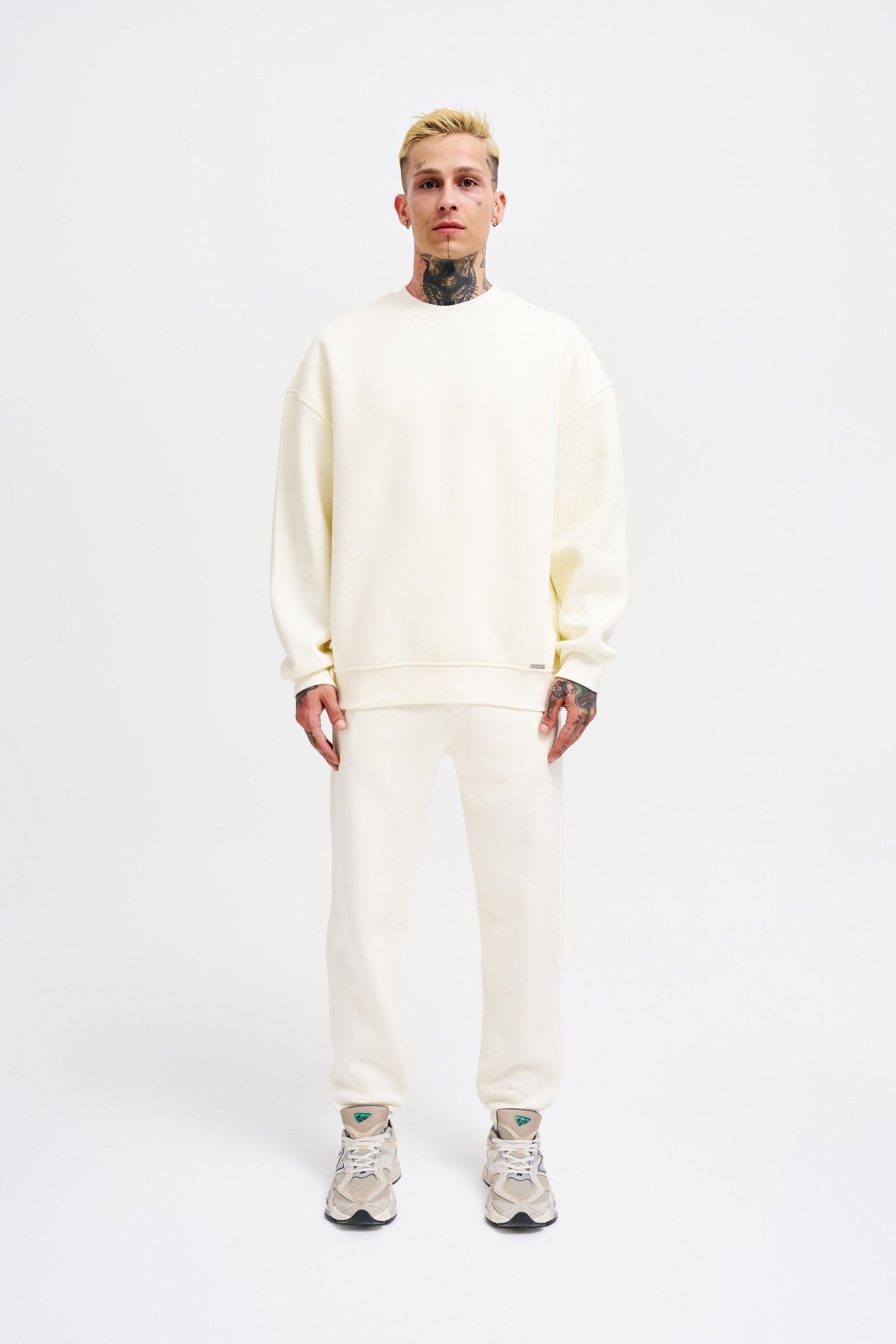 Erkek Basic Bisiklet Yaka Oversize Sweatshirt Ekru