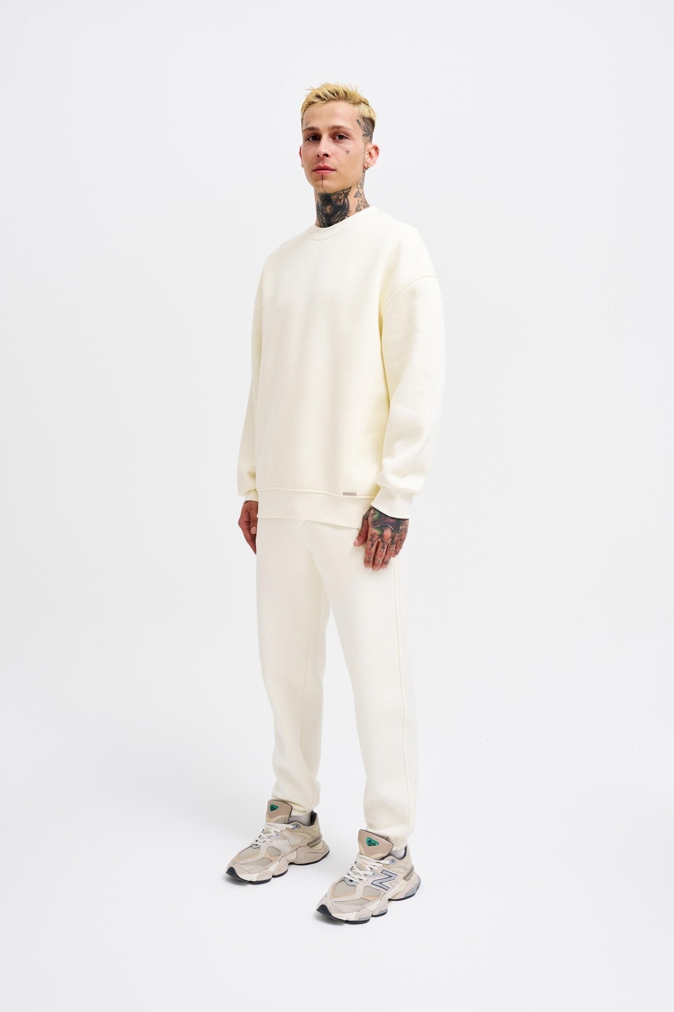 Erkek Basic Bisiklet Yaka Oversize Sweatshirt Ekru