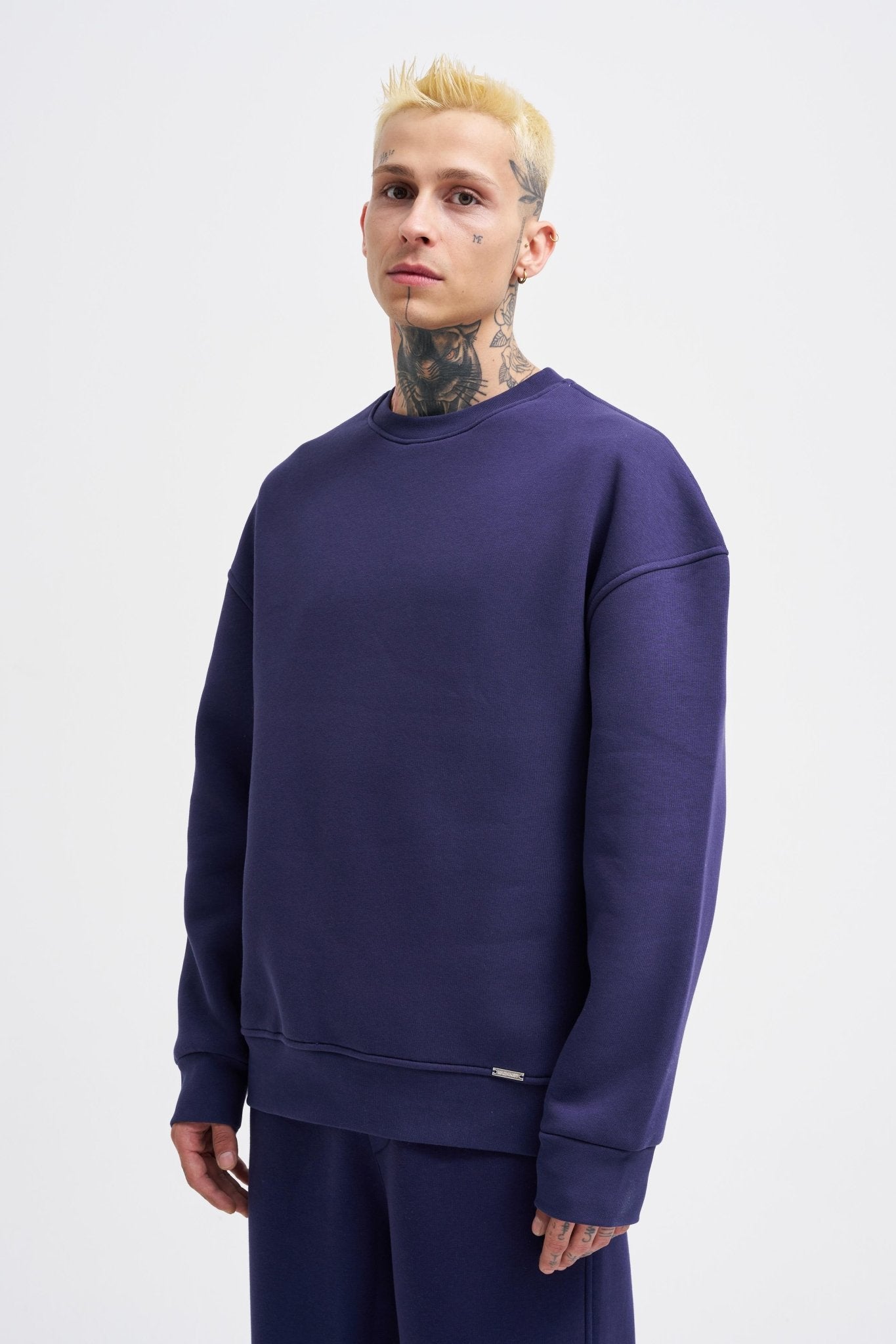Erkek Basic Bisiklet Yaka Oversize Sweatshirt Gece Mavisi