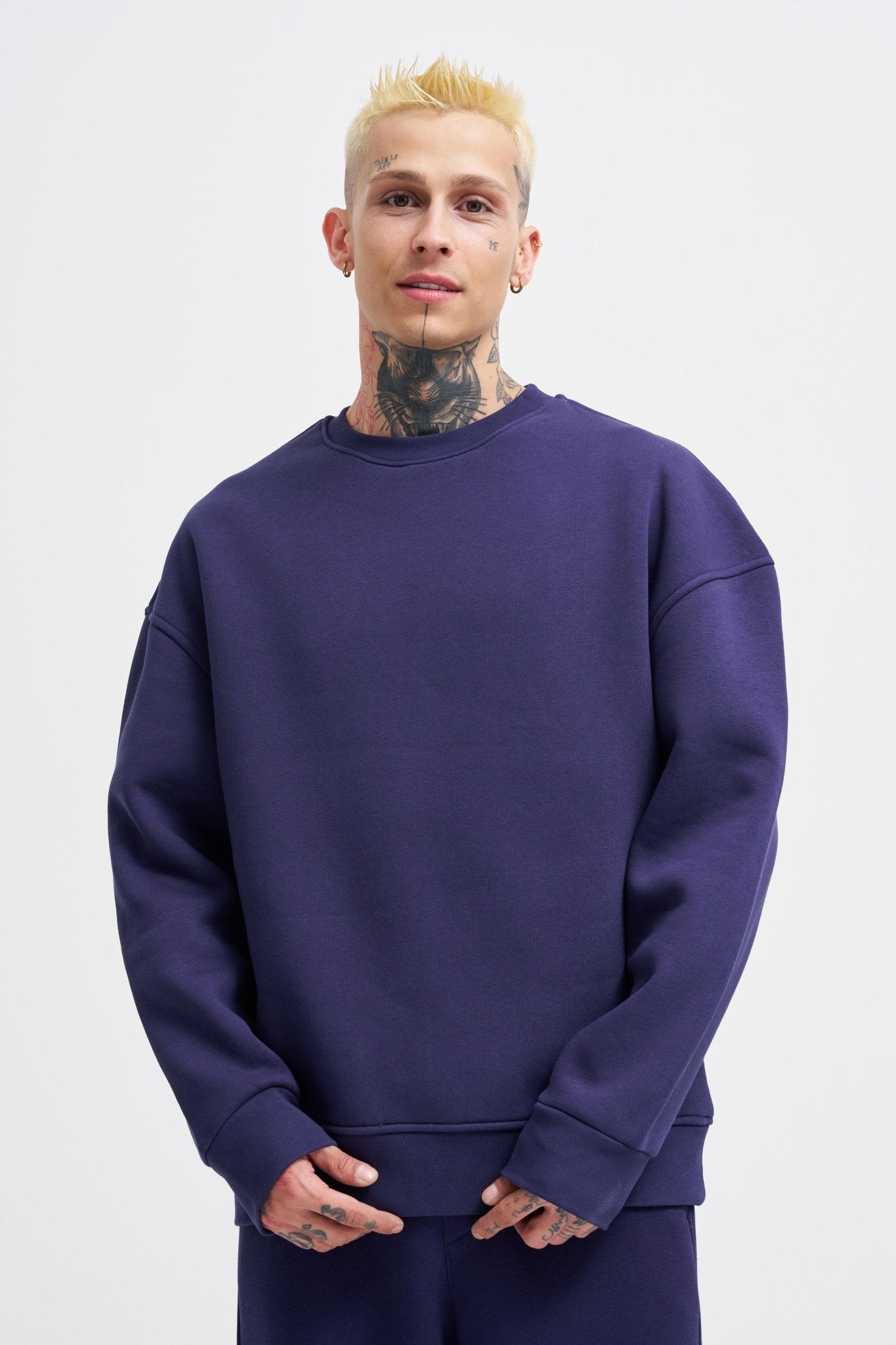 Erkek Basic Bisiklet Yaka Oversize Sweatshirt Gece Mavisi