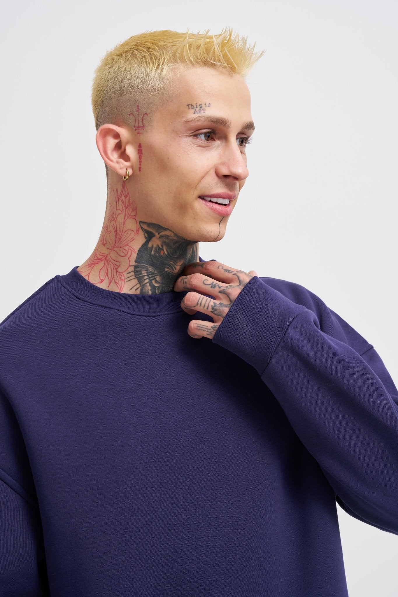 Erkek Basic Bisiklet Yaka Oversize Sweatshirt Gece Mavisi