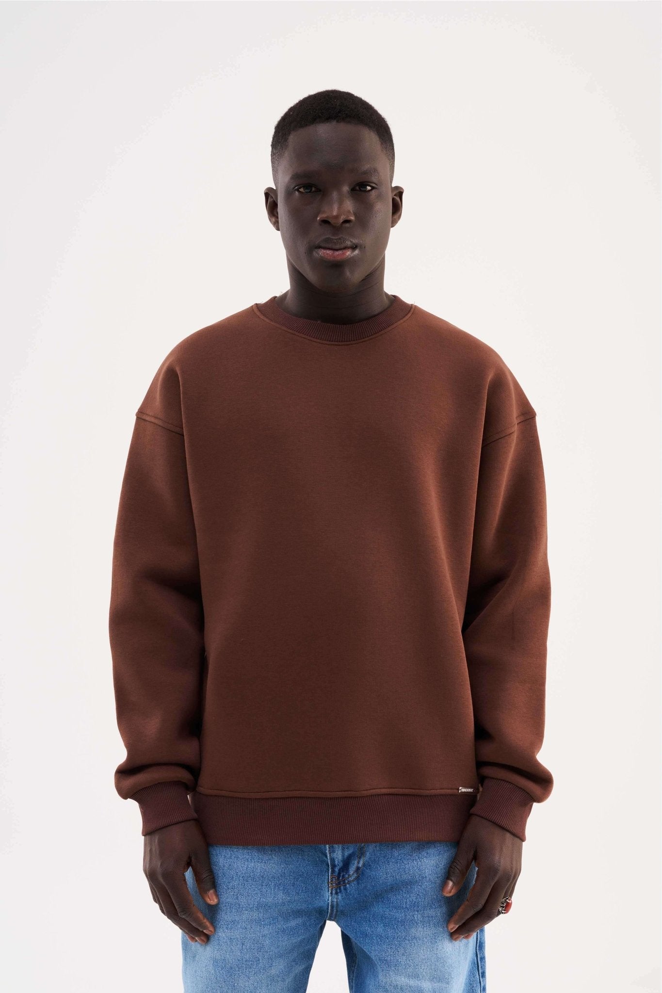 Erkek Basic Bisiklet Yaka Oversize Sweatshirt Koyu Kahverengi