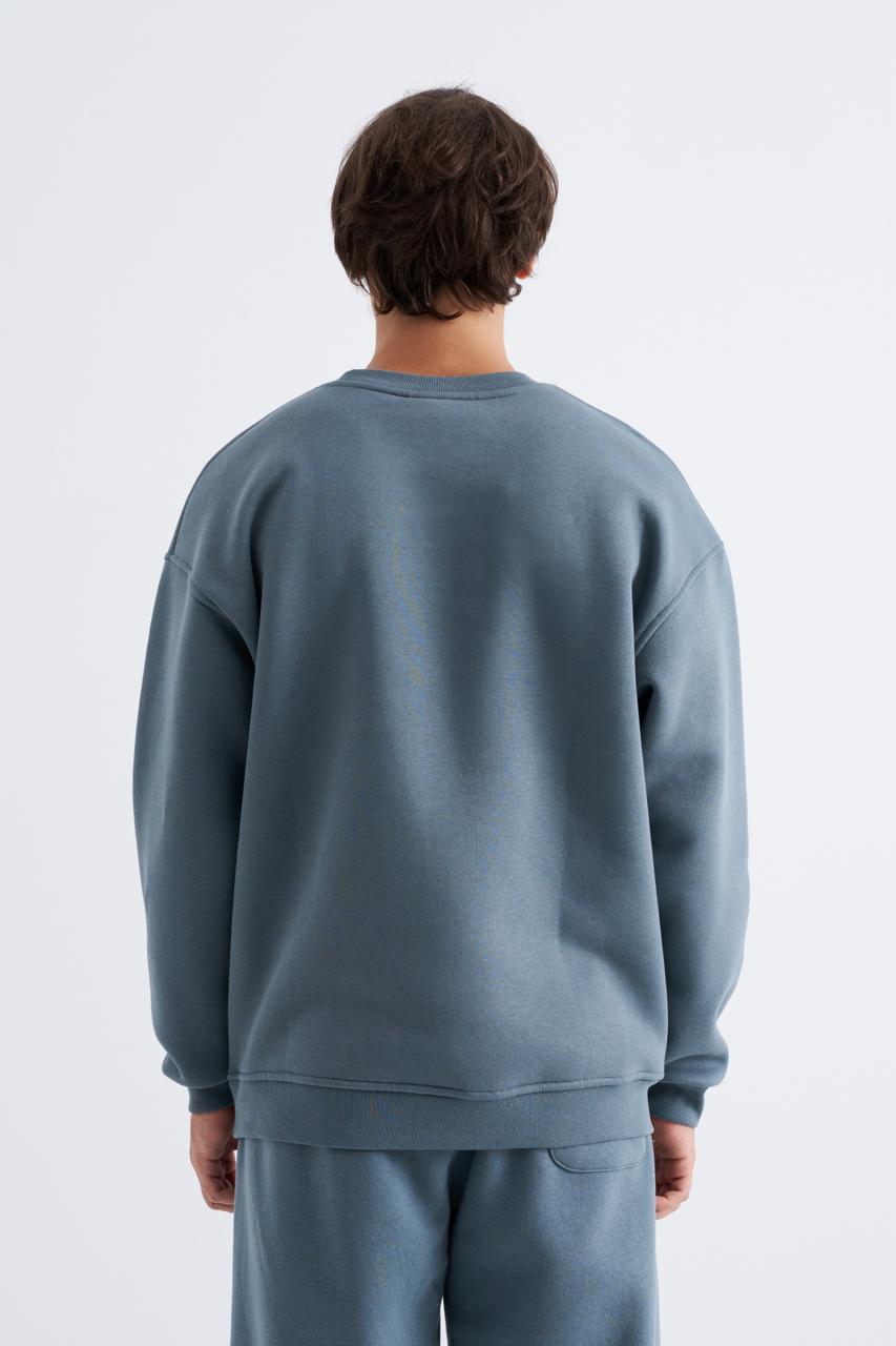 Erkek Basic Bisiklet Yaka Oversize Sweatshirt Mavi Duman