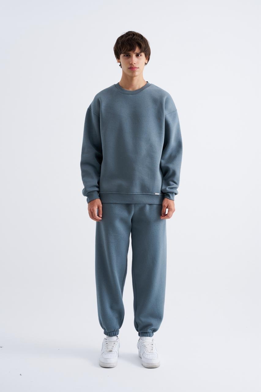 Erkek Basic Bisiklet Yaka Oversize Sweatshirt Mavi Duman