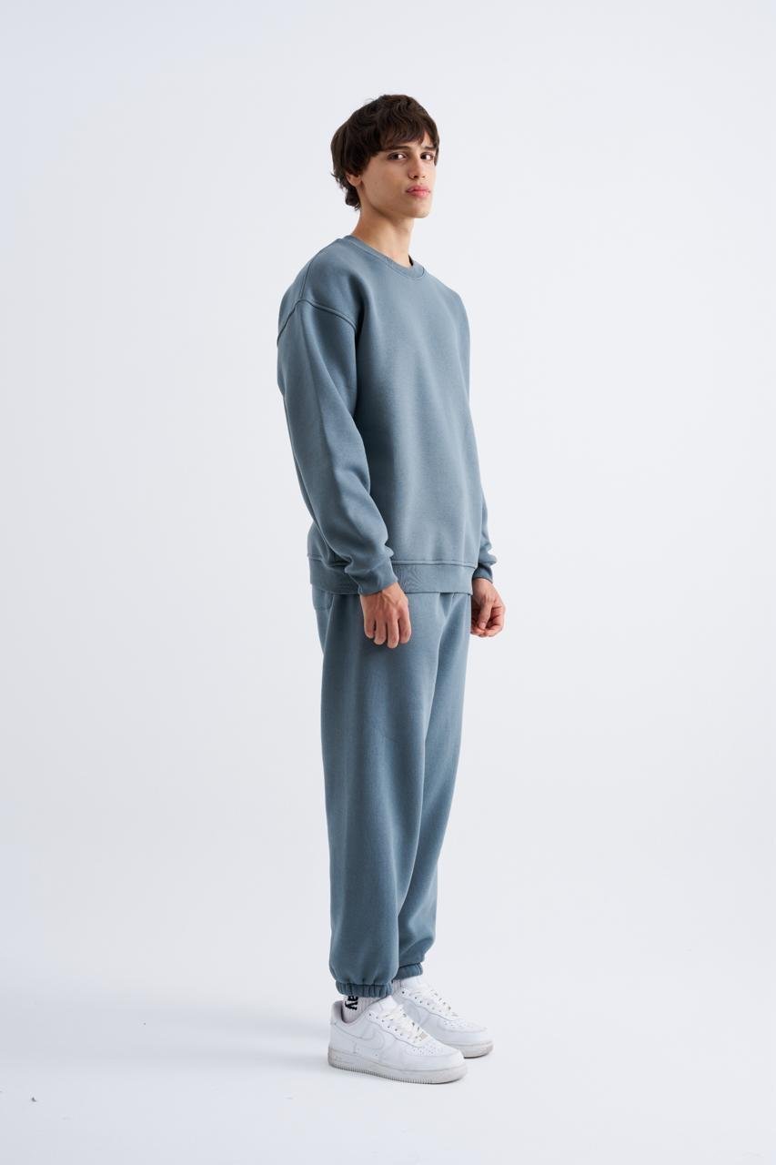 Erkek Basic Bisiklet Yaka Oversize Sweatshirt Mavi Duman