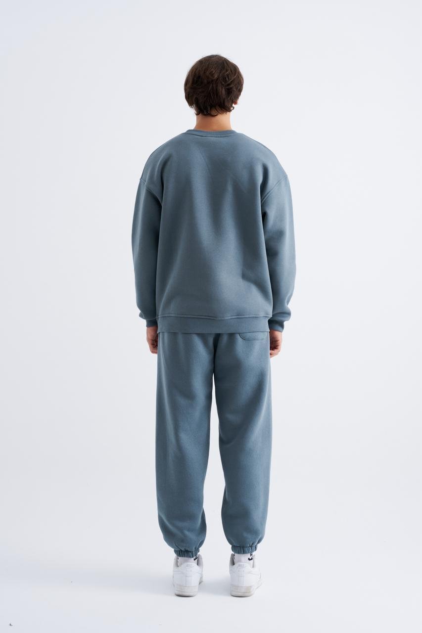 Erkek Basic Bisiklet Yaka Oversize Sweatshirt Mavi Duman
