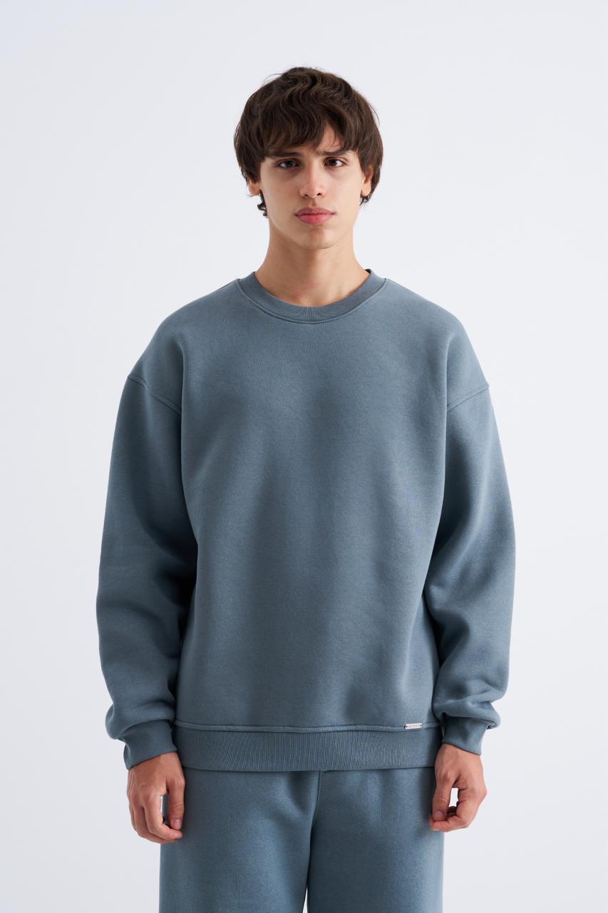 Erkek Basic Bisiklet Yaka Oversize Sweatshirt Mavi - Duman