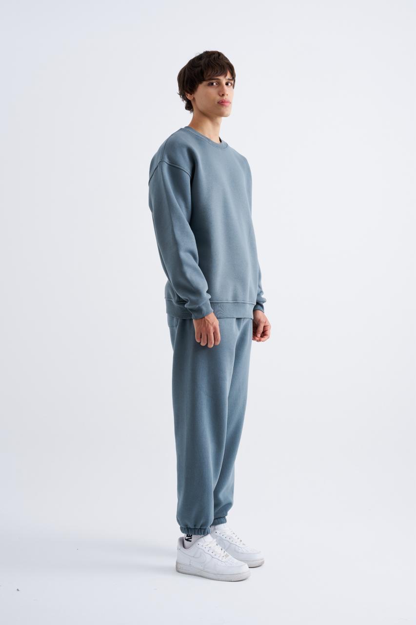 Erkek Basic Bisiklet Yaka Oversize Sweatshirt Mavi - Duman