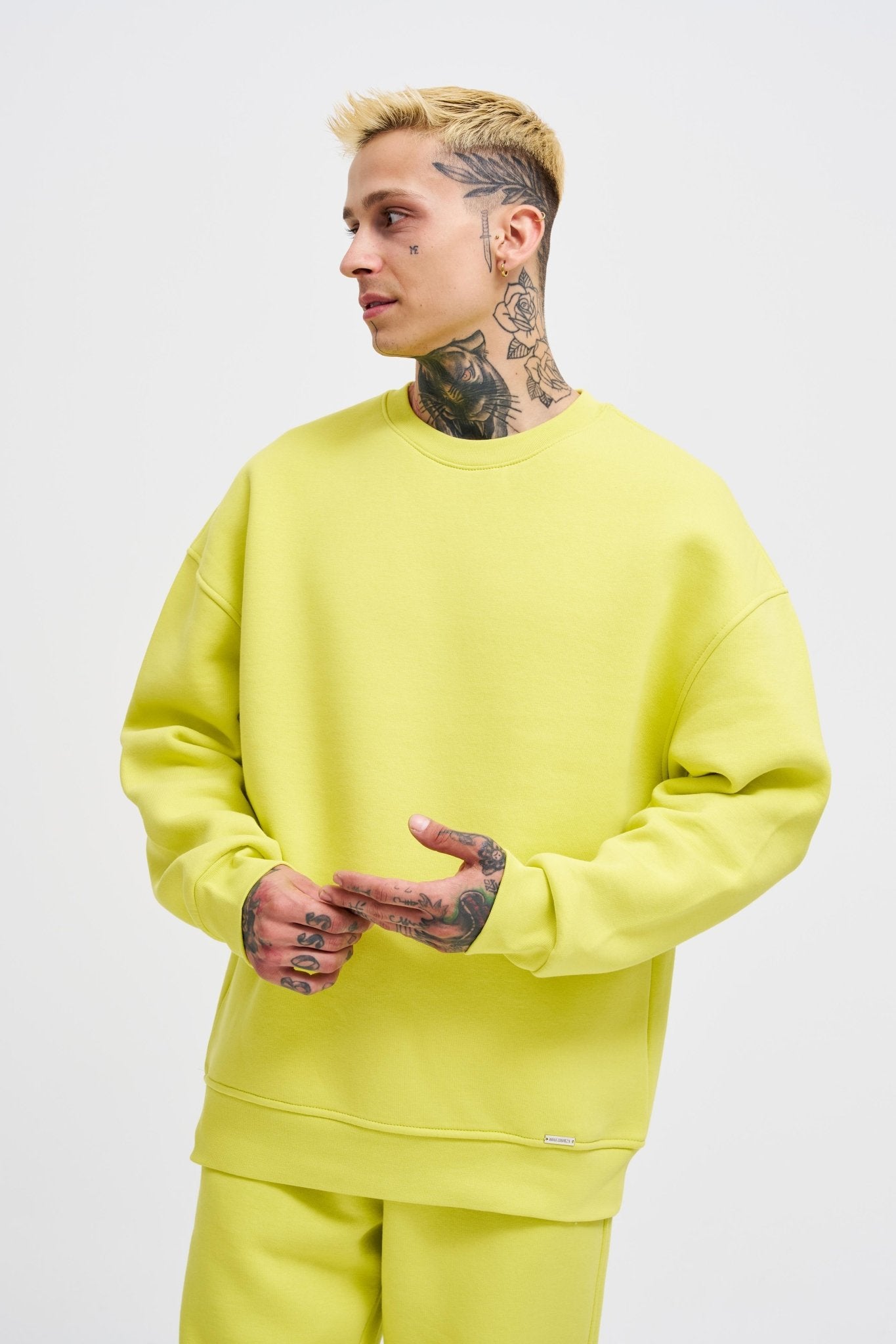 Erkek Basic Bisiklet Yaka Oversize Sweatshirt Neon Sarı