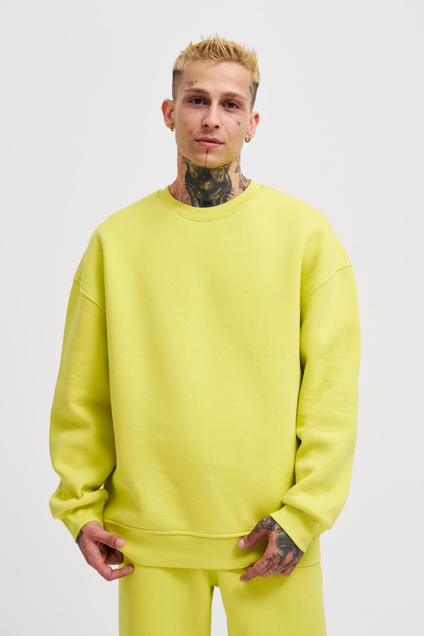 Erkek Basic Bisiklet Yaka Oversize Sweatshirt Neon Sarı
