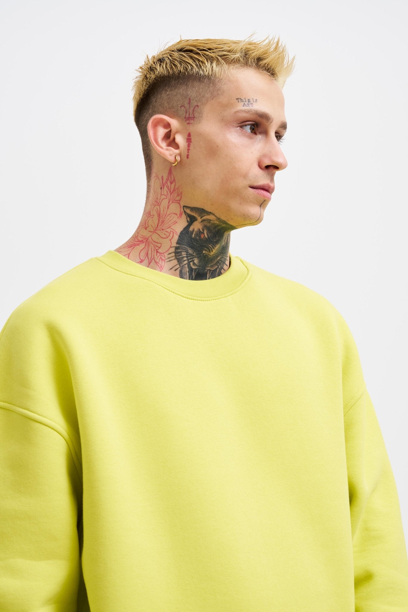 Erkek Basic Bisiklet Yaka Oversize Sweatshirt Neon Sarı