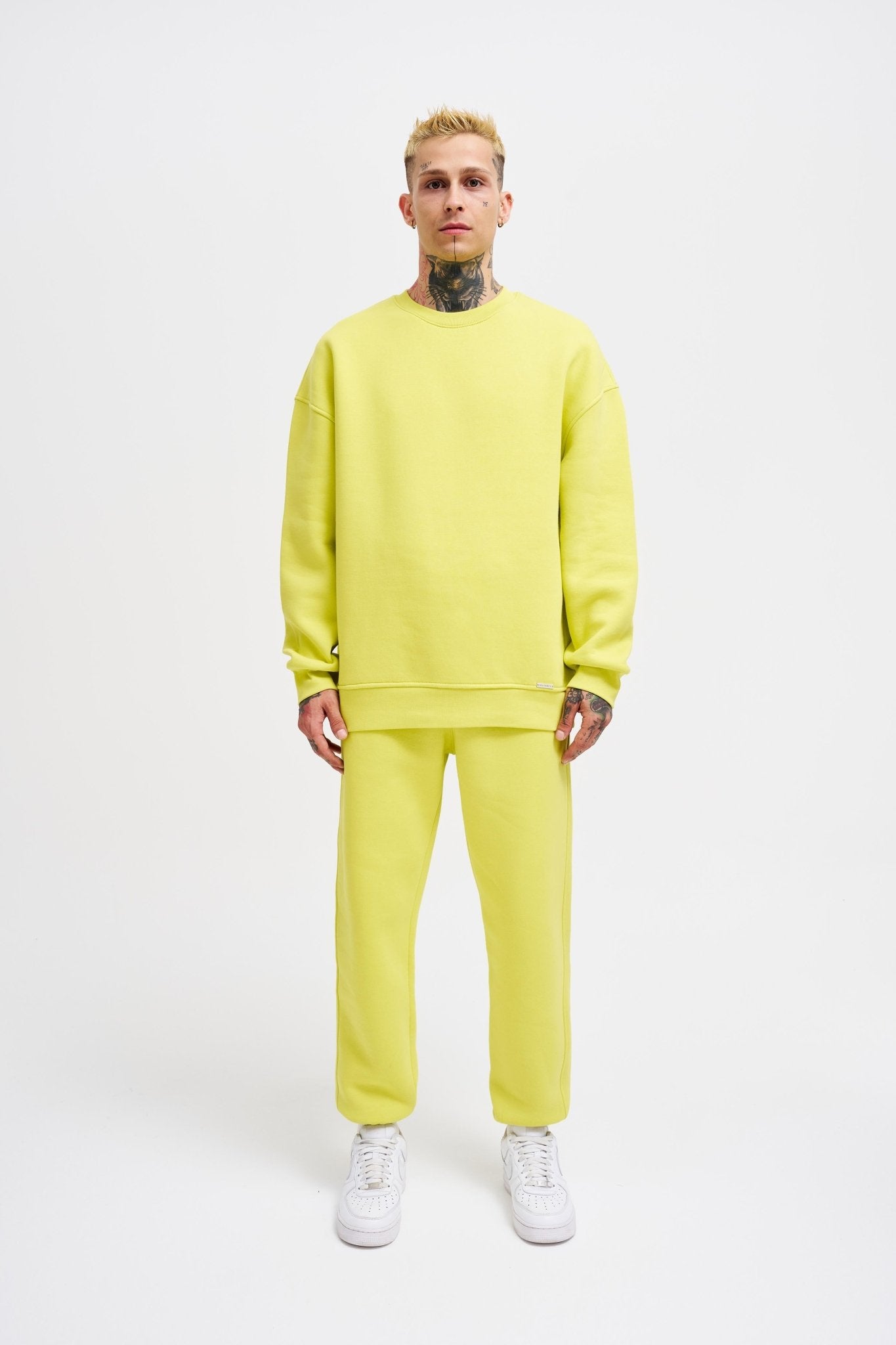 Erkek Basic Bisiklet Yaka Oversize Sweatshirt Neon Sarı
