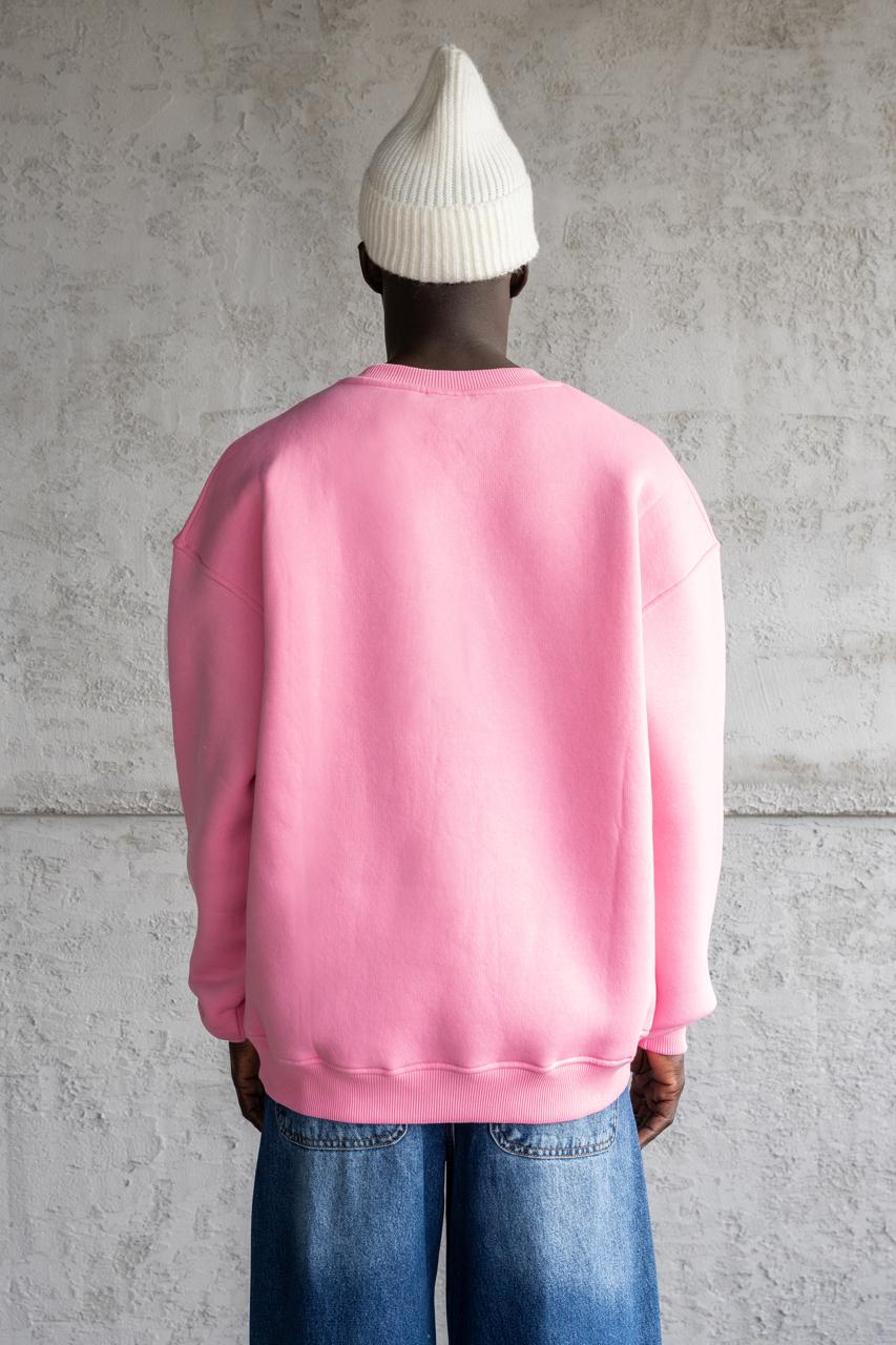Erkek Basic Bisiklet Yaka Oversize Sweatshirt Pembe