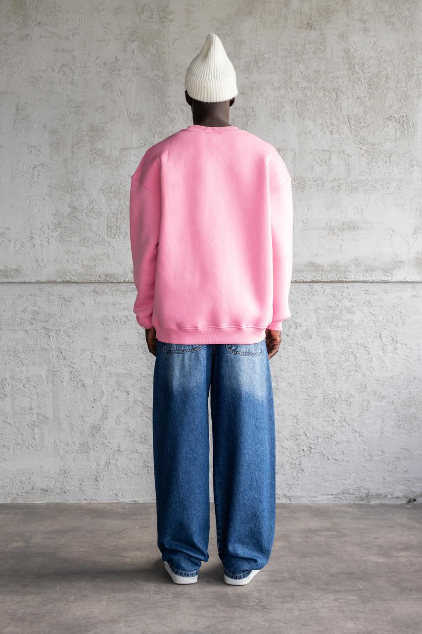 Erkek Basic Bisiklet Yaka Oversize Sweatshirt Pembe