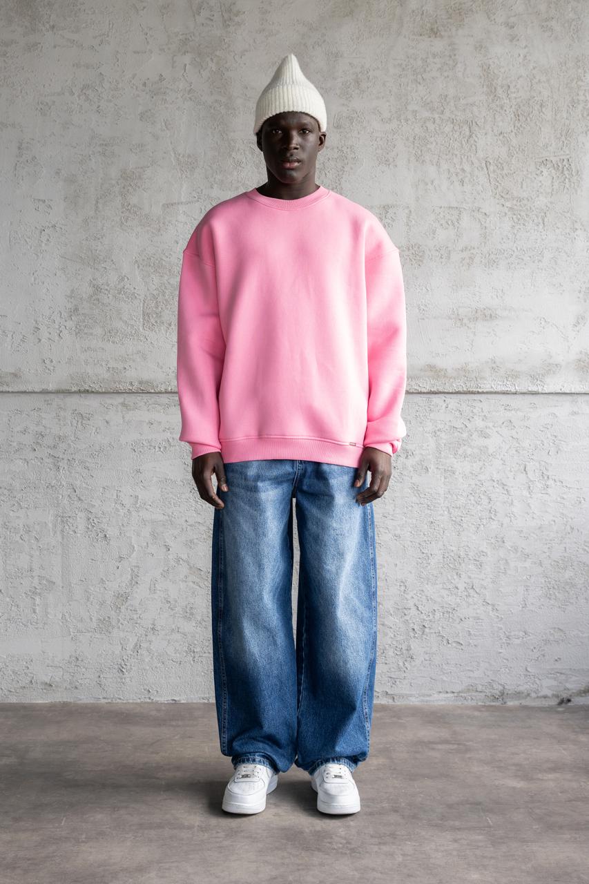 Erkek Basic Bisiklet Yaka Oversize Sweatshirt Pembe