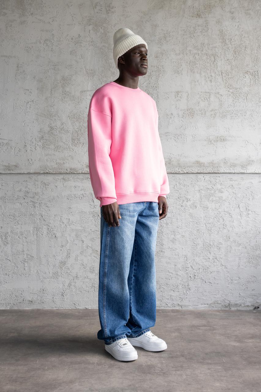 Erkek Basic Bisiklet Yaka Oversize Sweatshirt Pembe