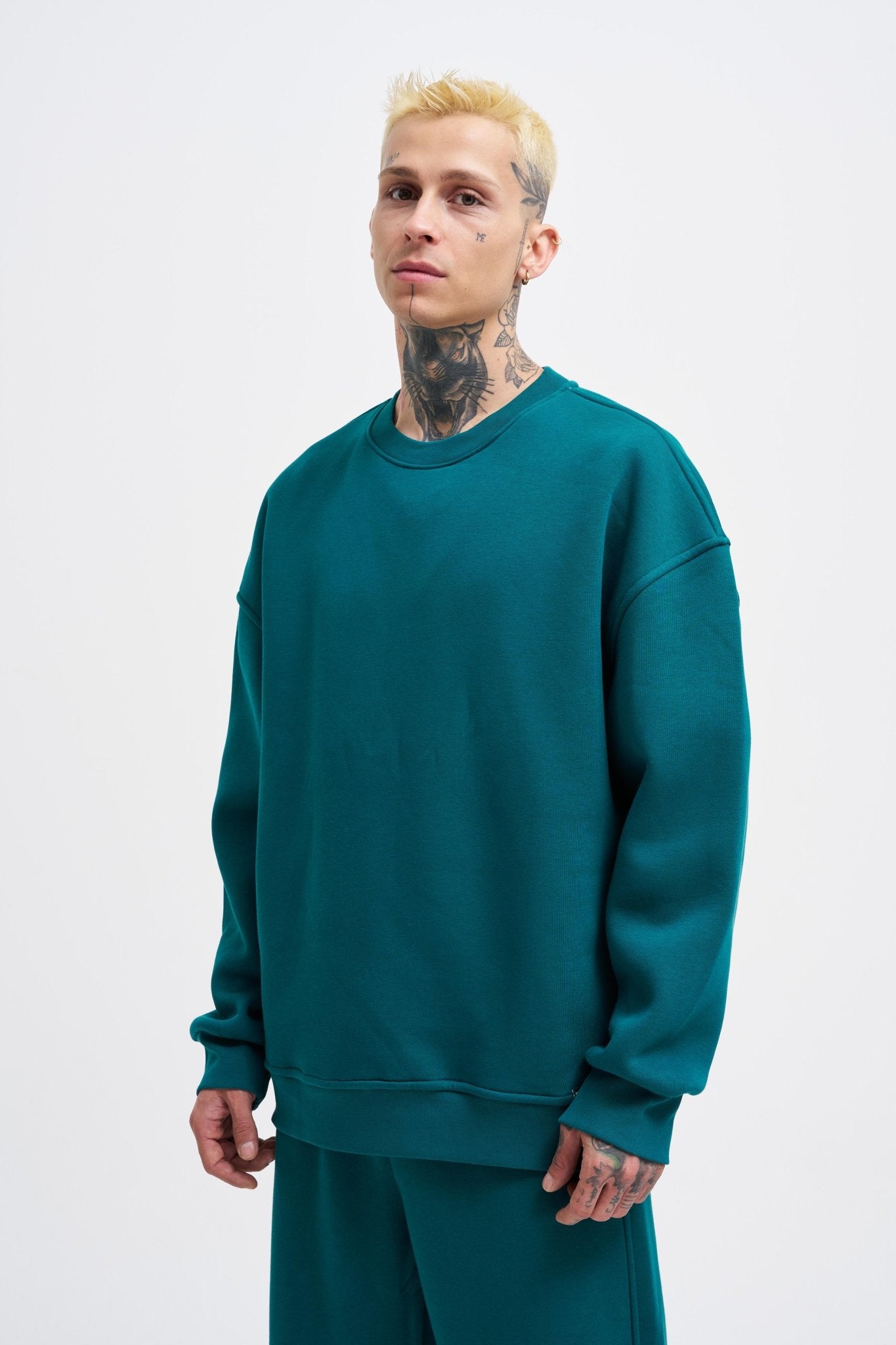 Erkek Basic Bisiklet Yaka Oversize Sweatshirt Yağ Yeşili