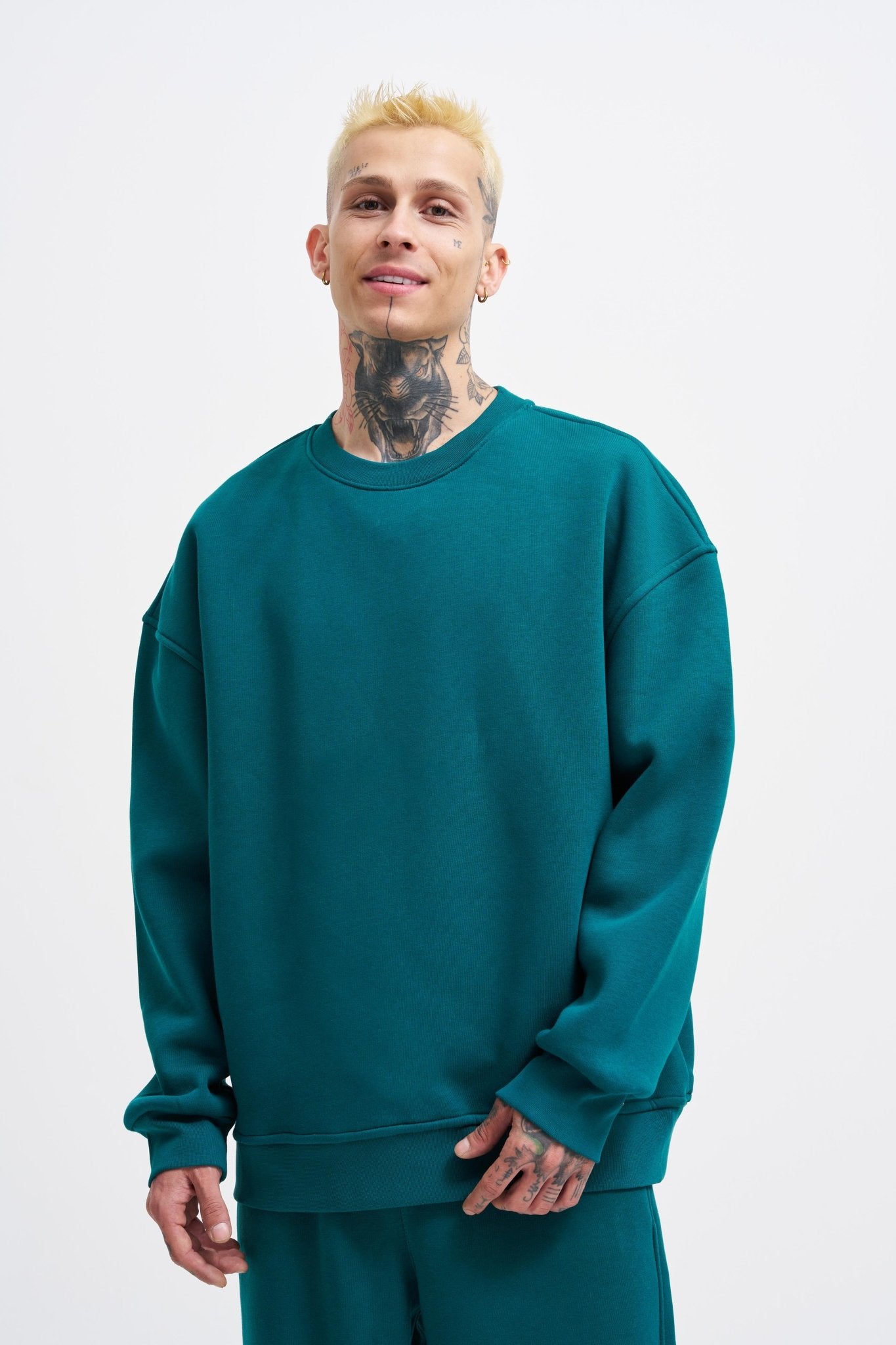 Erkek Basic Bisiklet Yaka Oversize Sweatshirt Yağ Yeşili