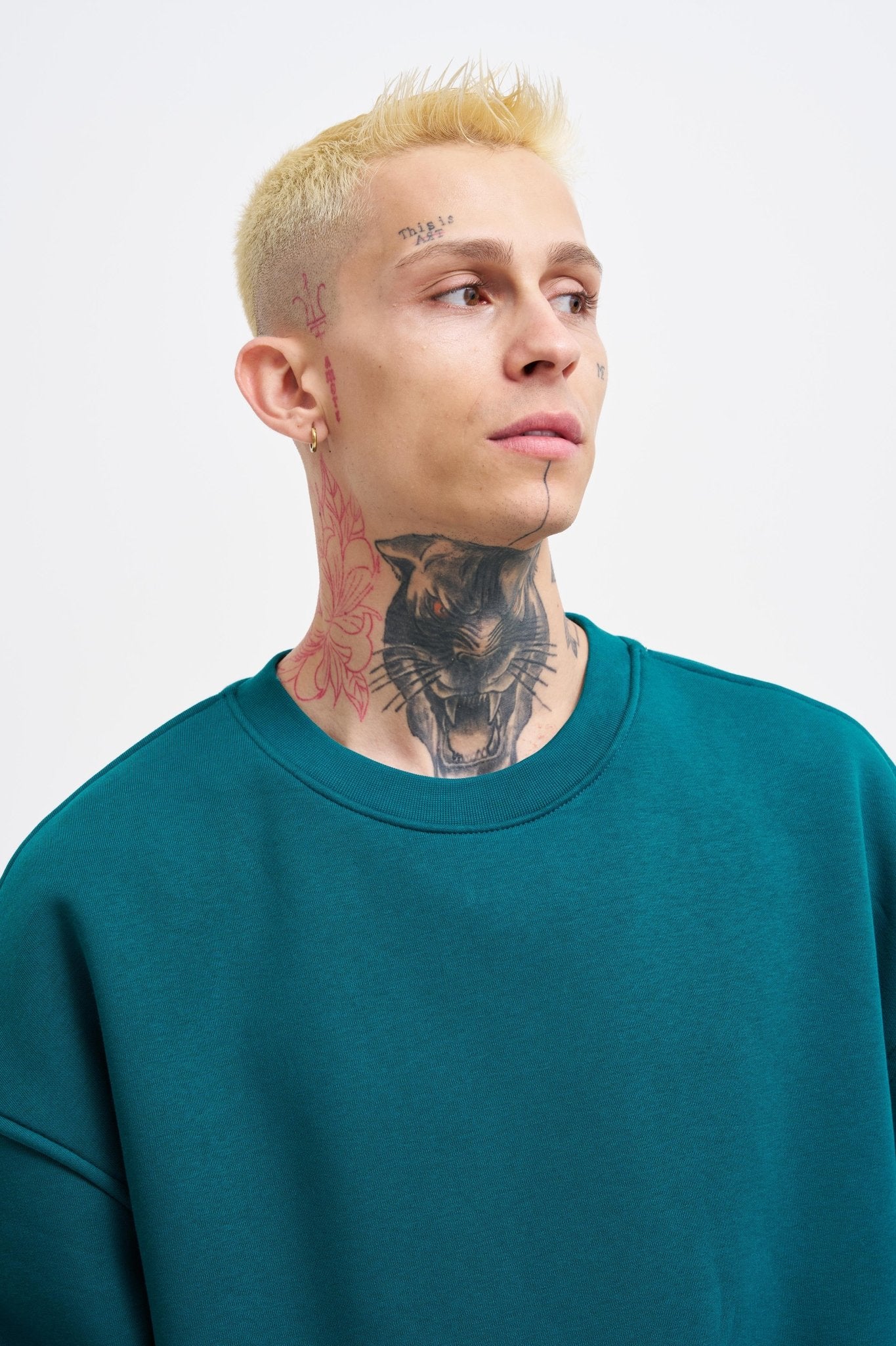 Erkek Basic Bisiklet Yaka Oversize Sweatshirt Yağ Yeşili
