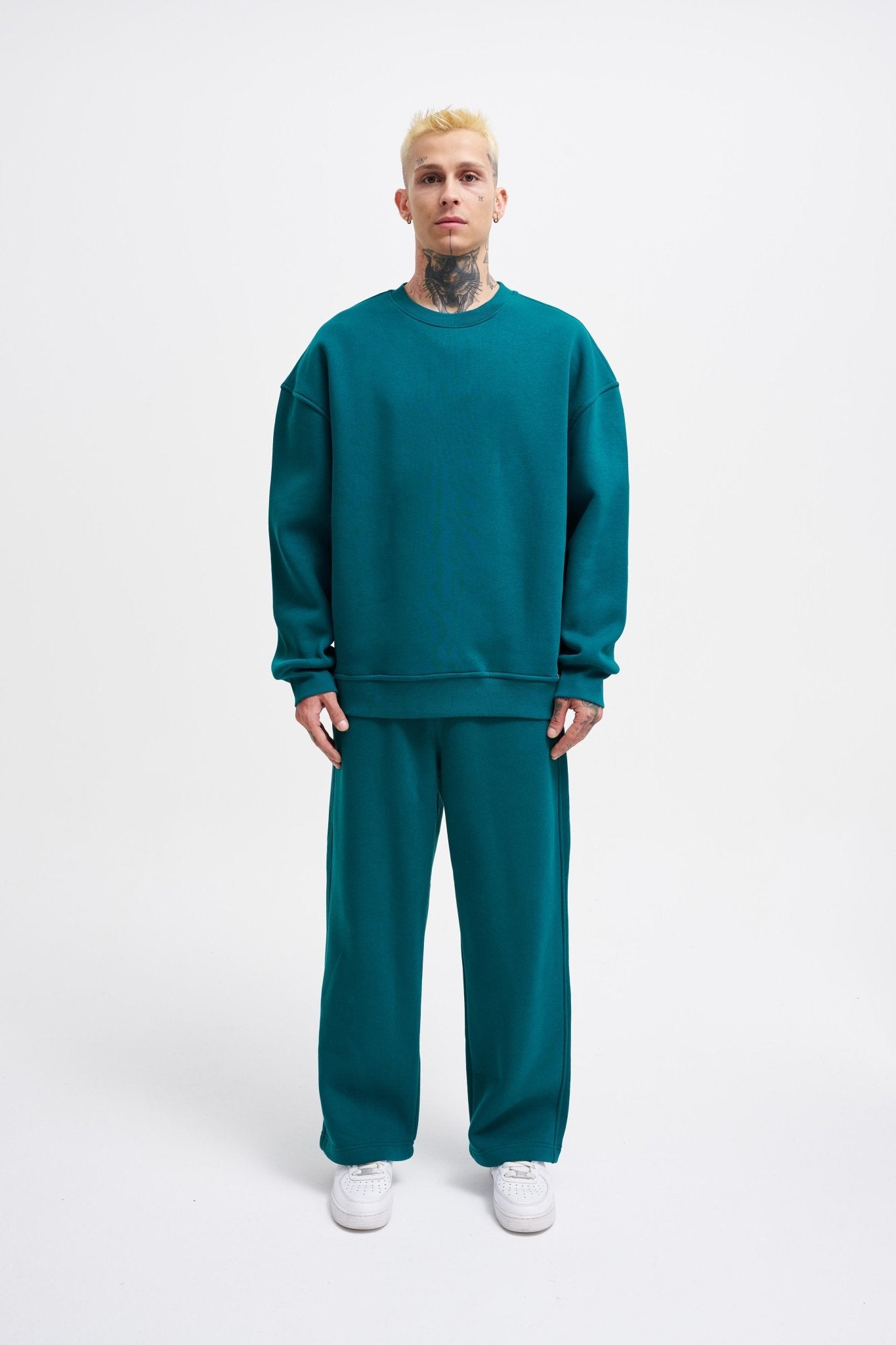 Erkek Basic Bisiklet Yaka Oversize Sweatshirt Yağ Yeşili