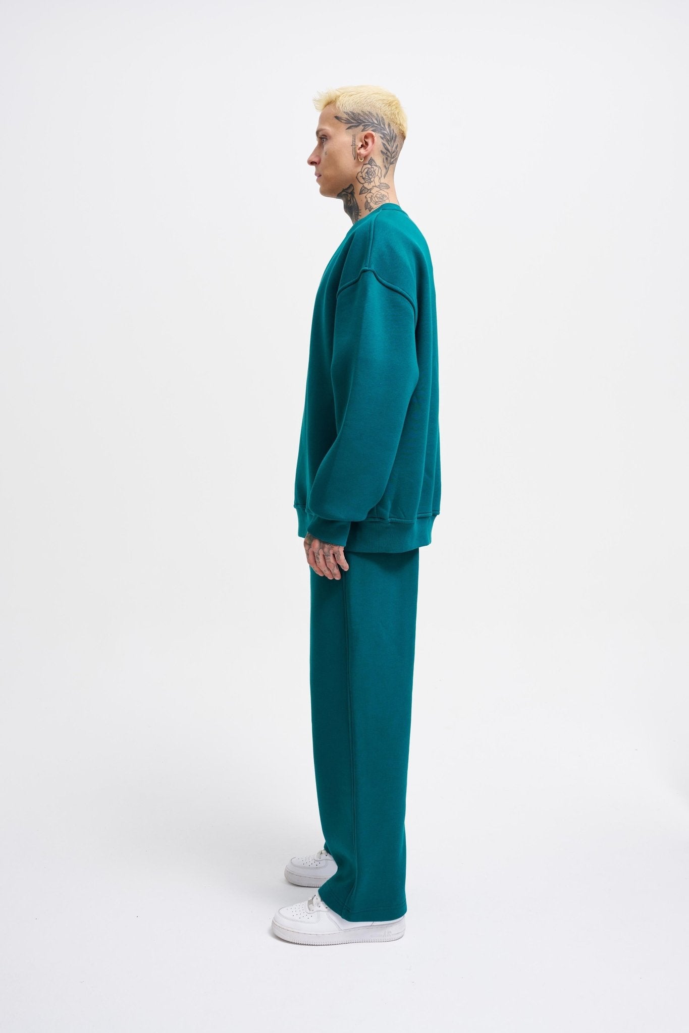 Erkek Basic Bisiklet Yaka Oversize Sweatshirt Yağ Yeşili