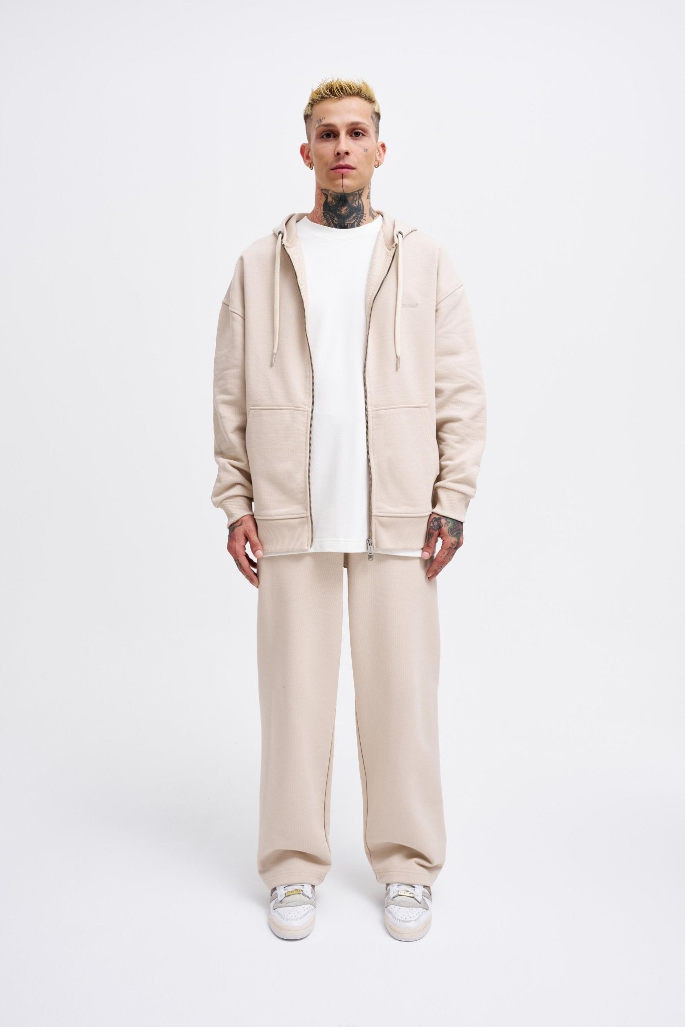 Erkek Basic Diagonal Fermuarlı Kapüşonlu Sweatshirt Açık Bej