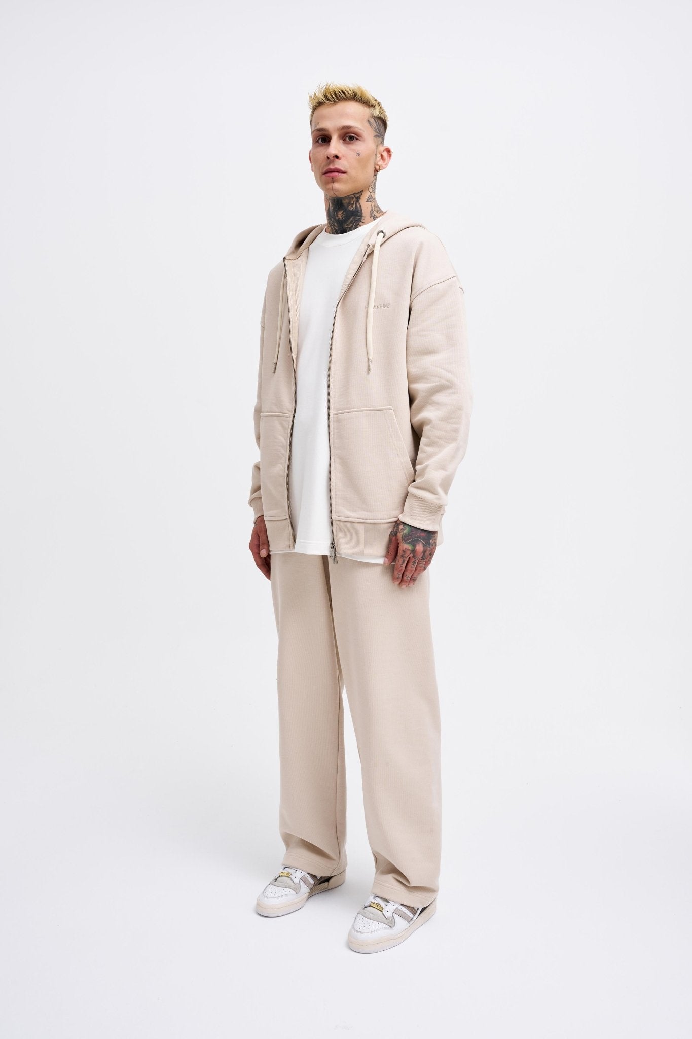Erkek Basic Diagonal Fermuarlı Kapüşonlu Sweatshirt Açık Bej