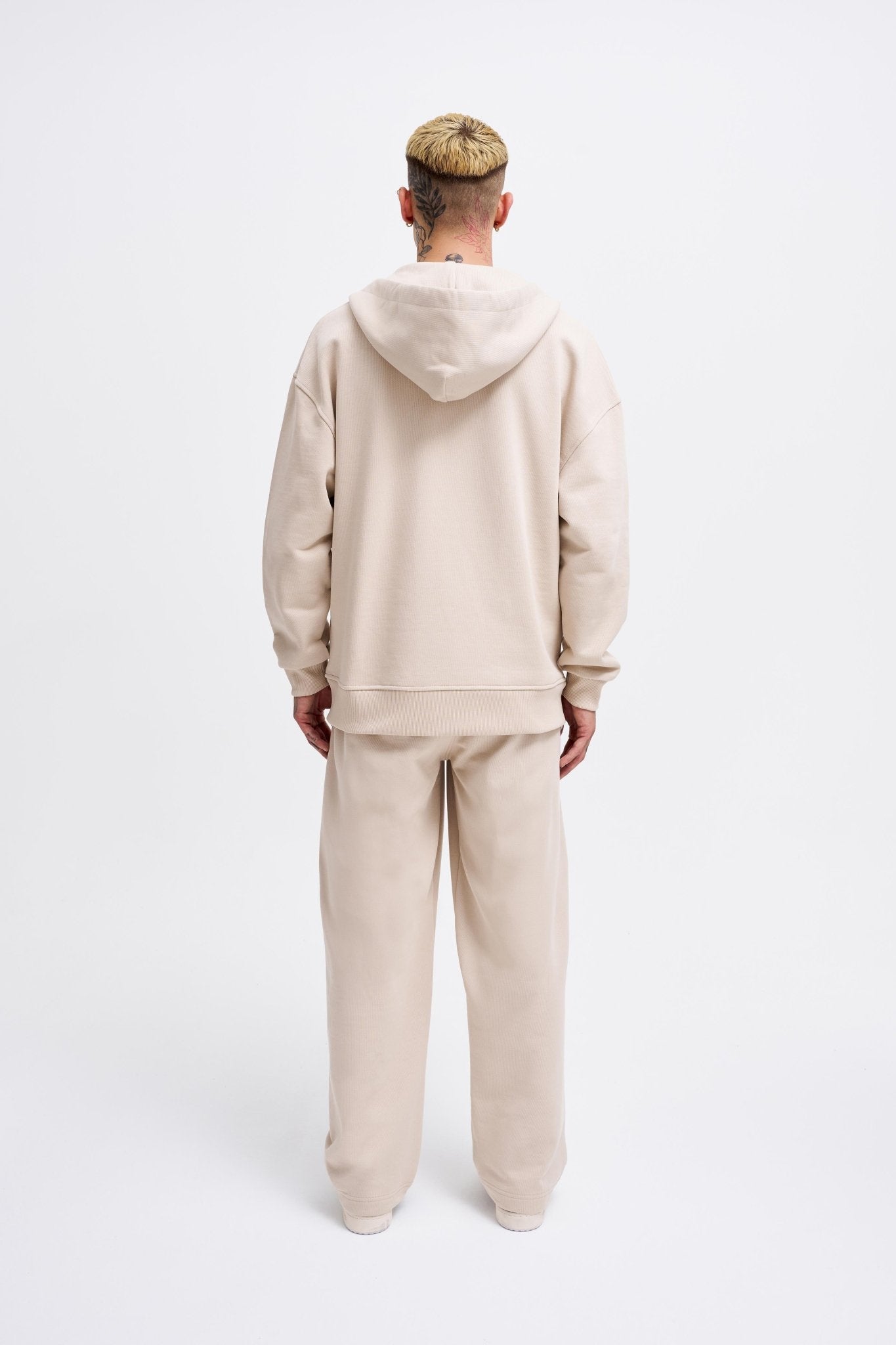 Erkek Basic Diagonal Fermuarlı Kapüşonlu Sweatshirt Açık Bej