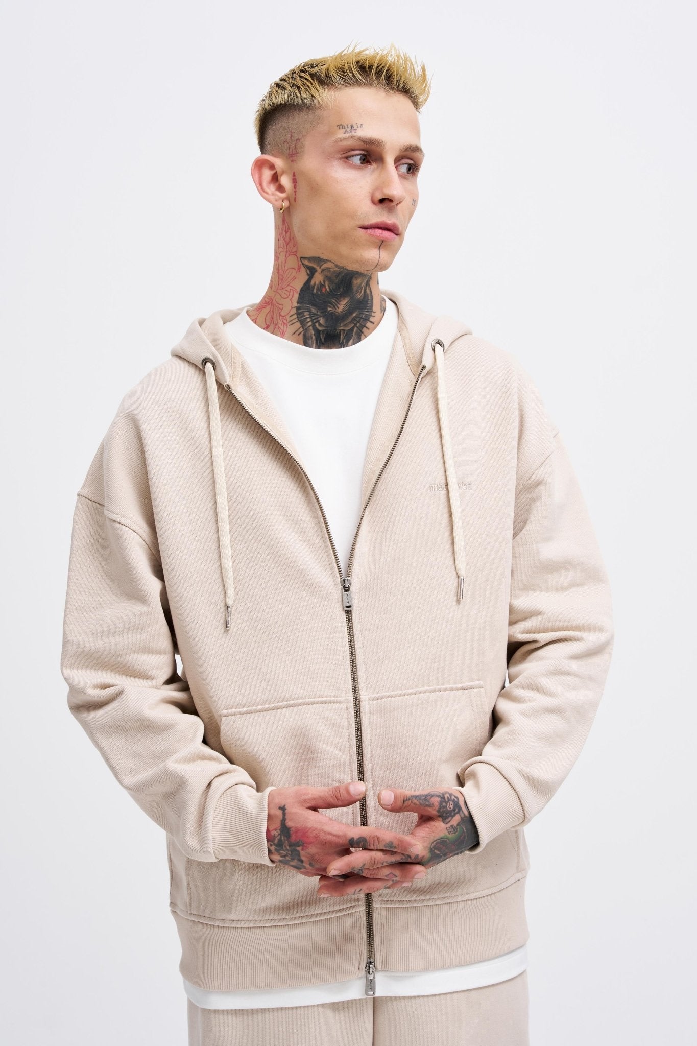 Erkek Basic Diagonal Fermuarlı Kapüşonlu Sweatshirt Açık Bej