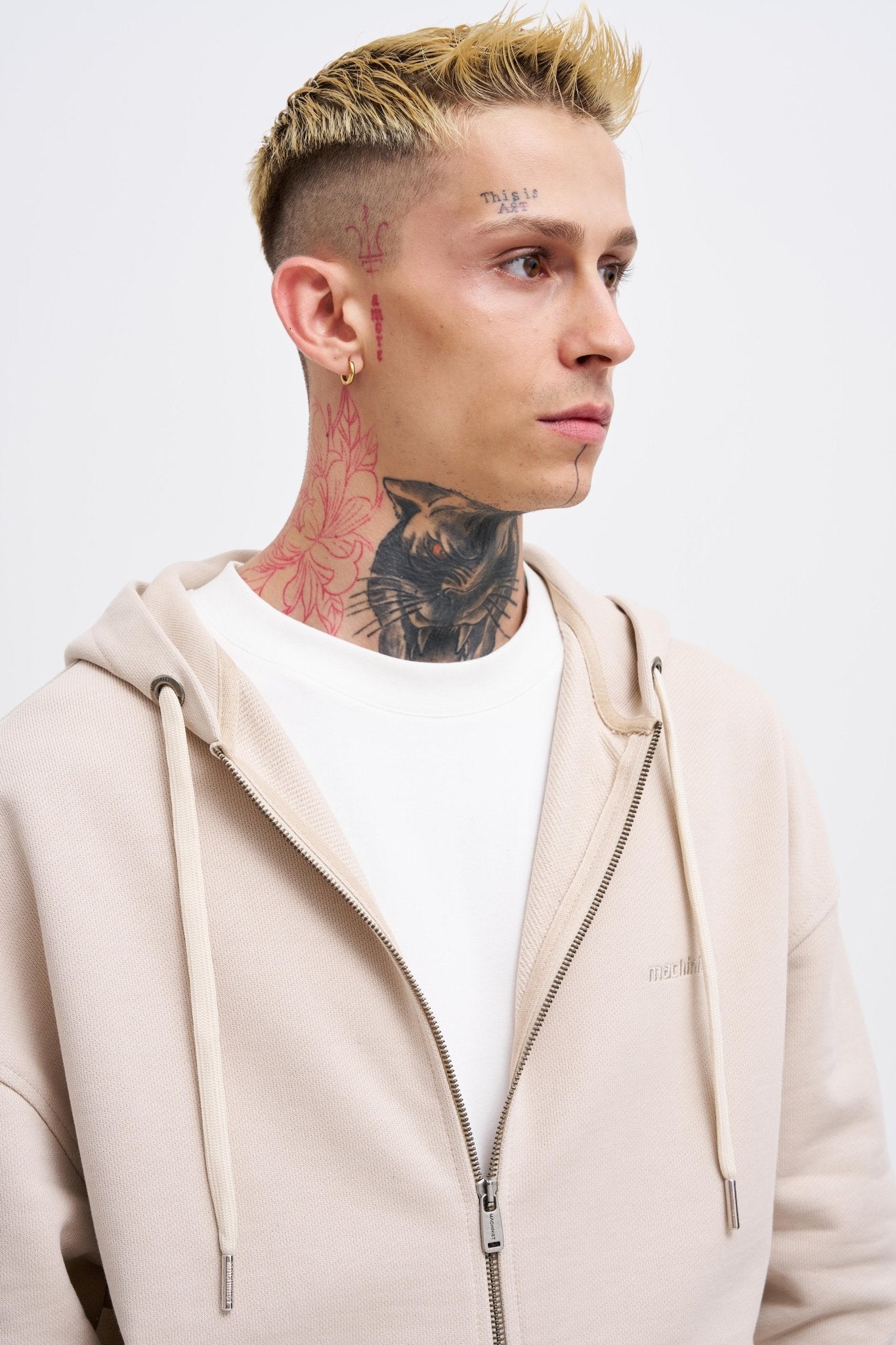 Erkek Basic Diagonal Fermuarlı Kapüşonlu Sweatshirt Açık Bej