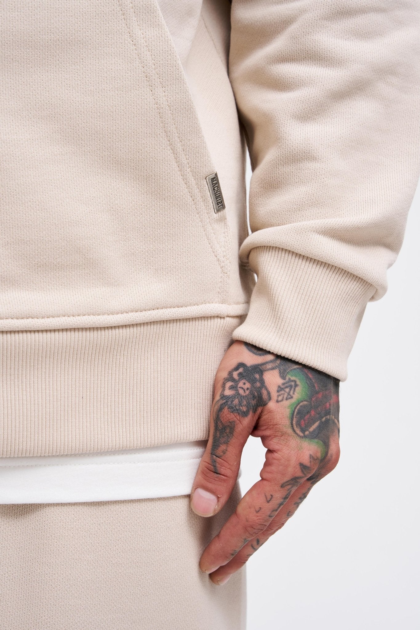 Erkek Basic Diagonal Fermuarlı Kapüşonlu Sweatshirt Açık Bej