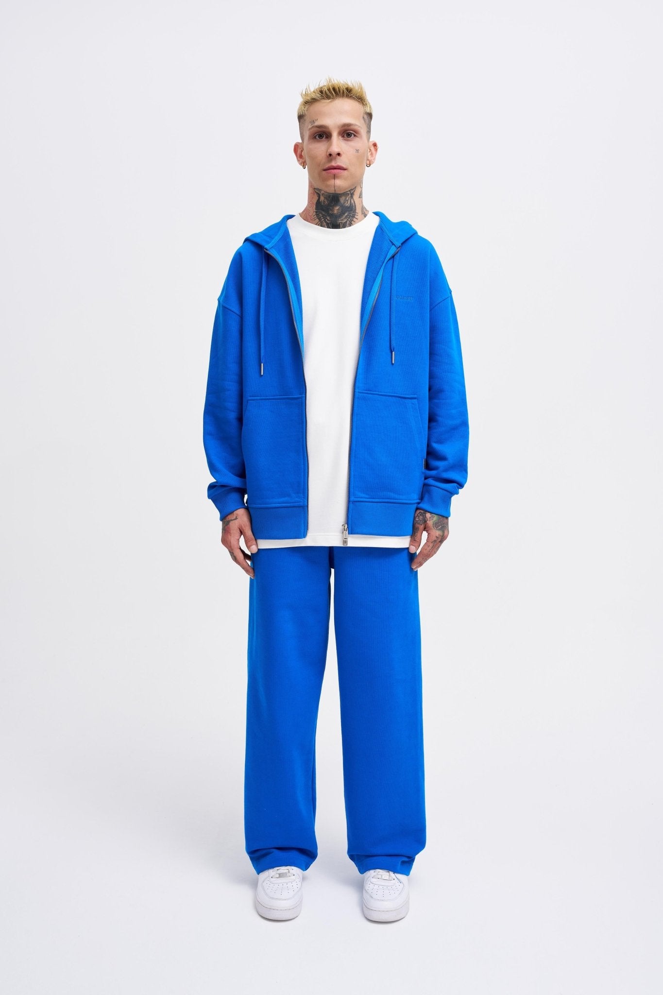 Erkek Basic Diagonal Fermuarlı Kapüşonlu Sweatshirt Açık Mavi