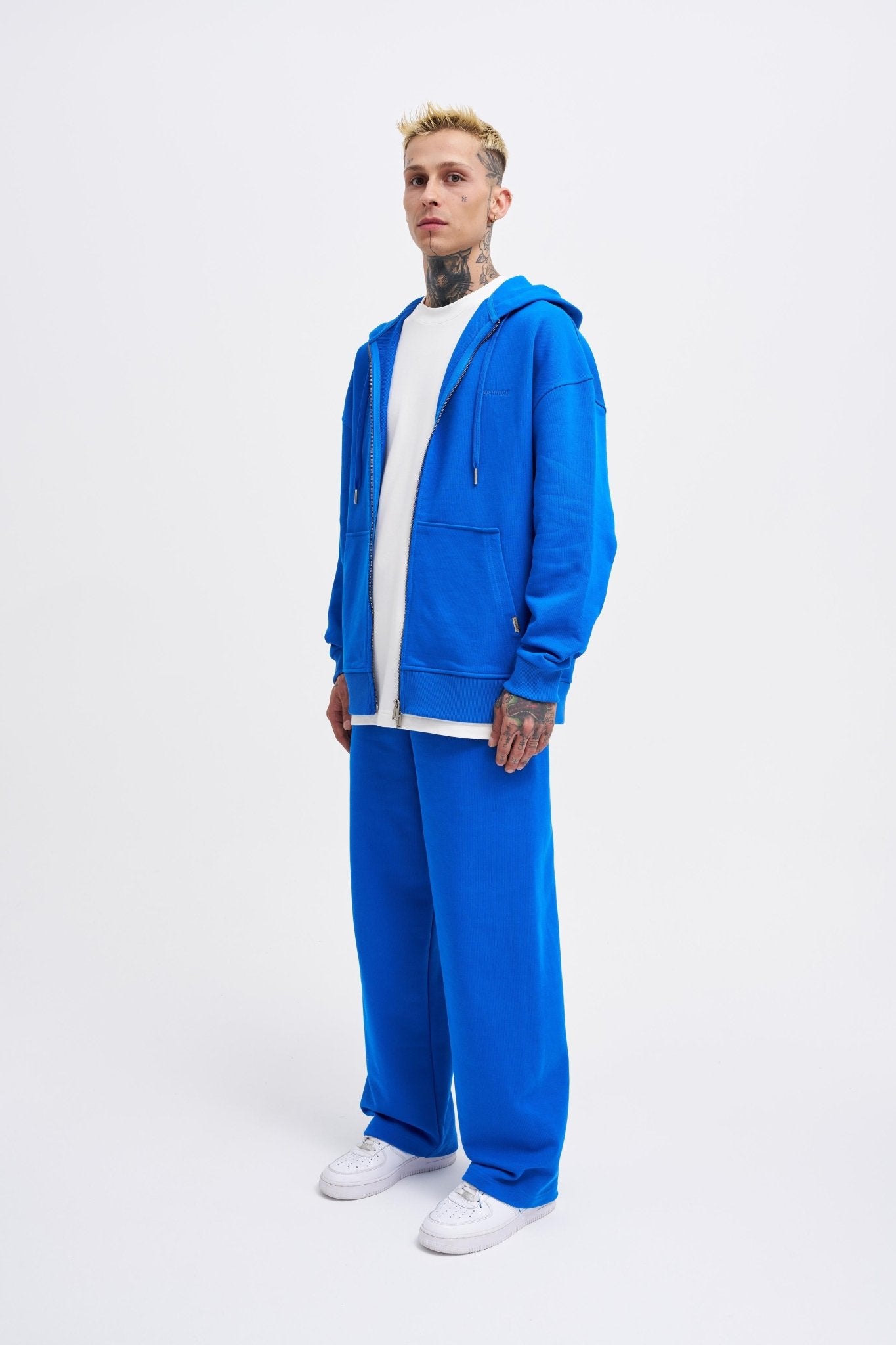 Erkek Basic Diagonal Fermuarlı Kapüşonlu Sweatshirt Açık Mavi