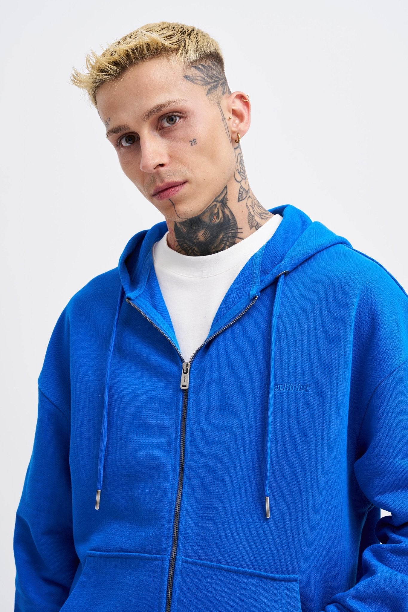 Erkek Basic Diagonal Fermuarlı Kapüşonlu Sweatshirt Açık Mavi