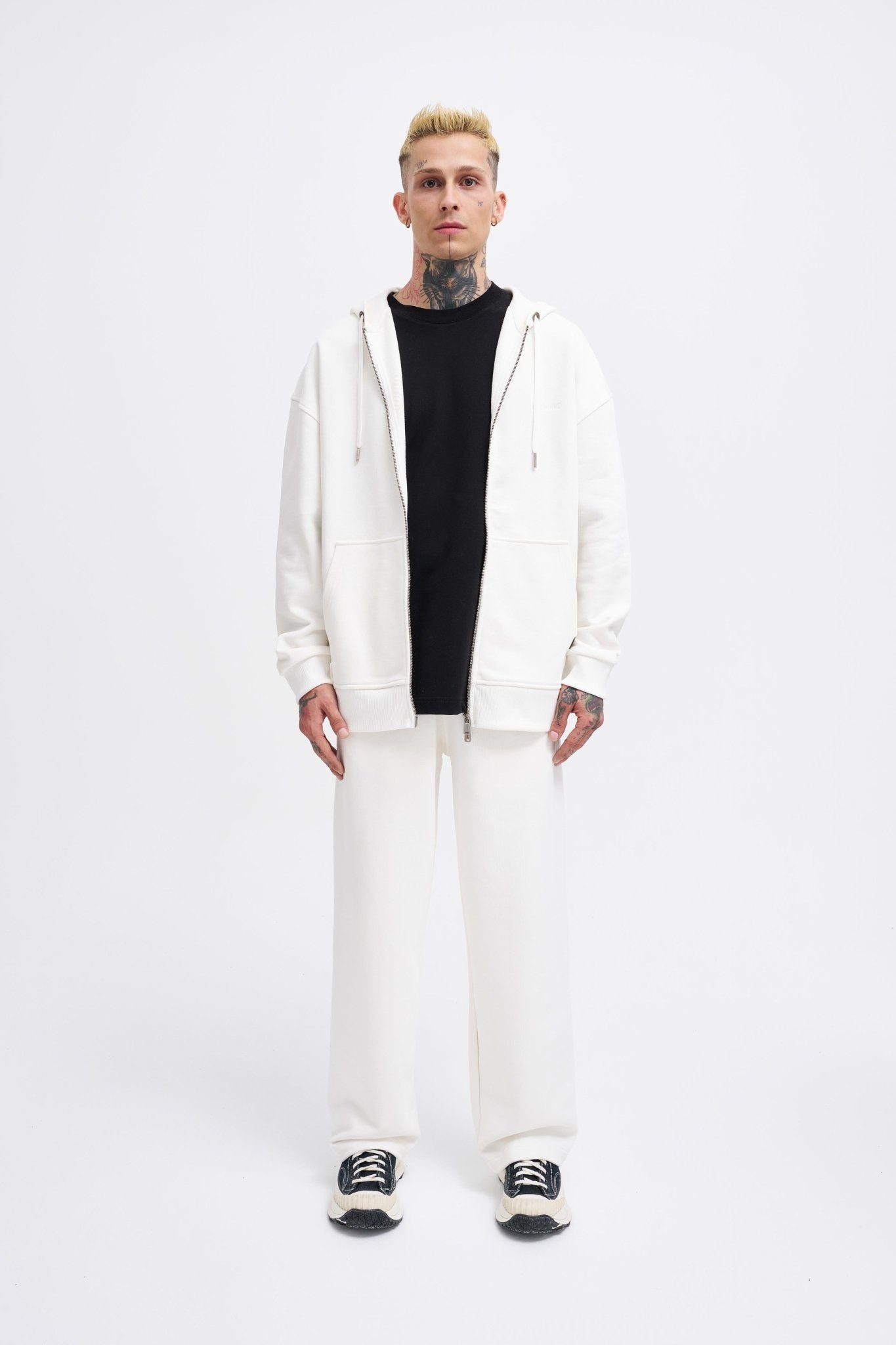 Erkek Basic Diagonal Fermuarlı Kapüşonlu Sweatshirt Ekru