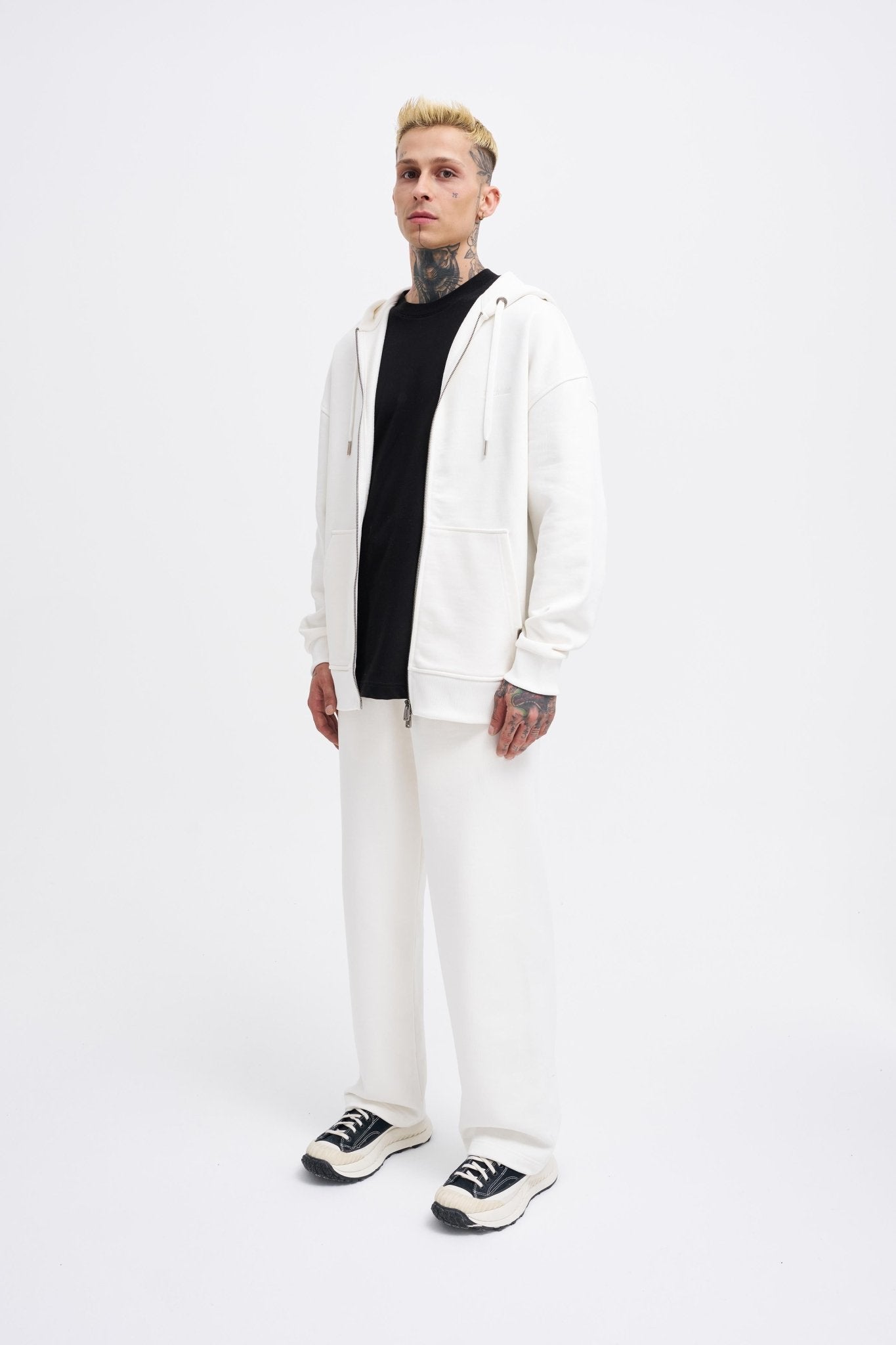Erkek Basic Diagonal Fermuarlı Kapüşonlu Sweatshirt Ekru