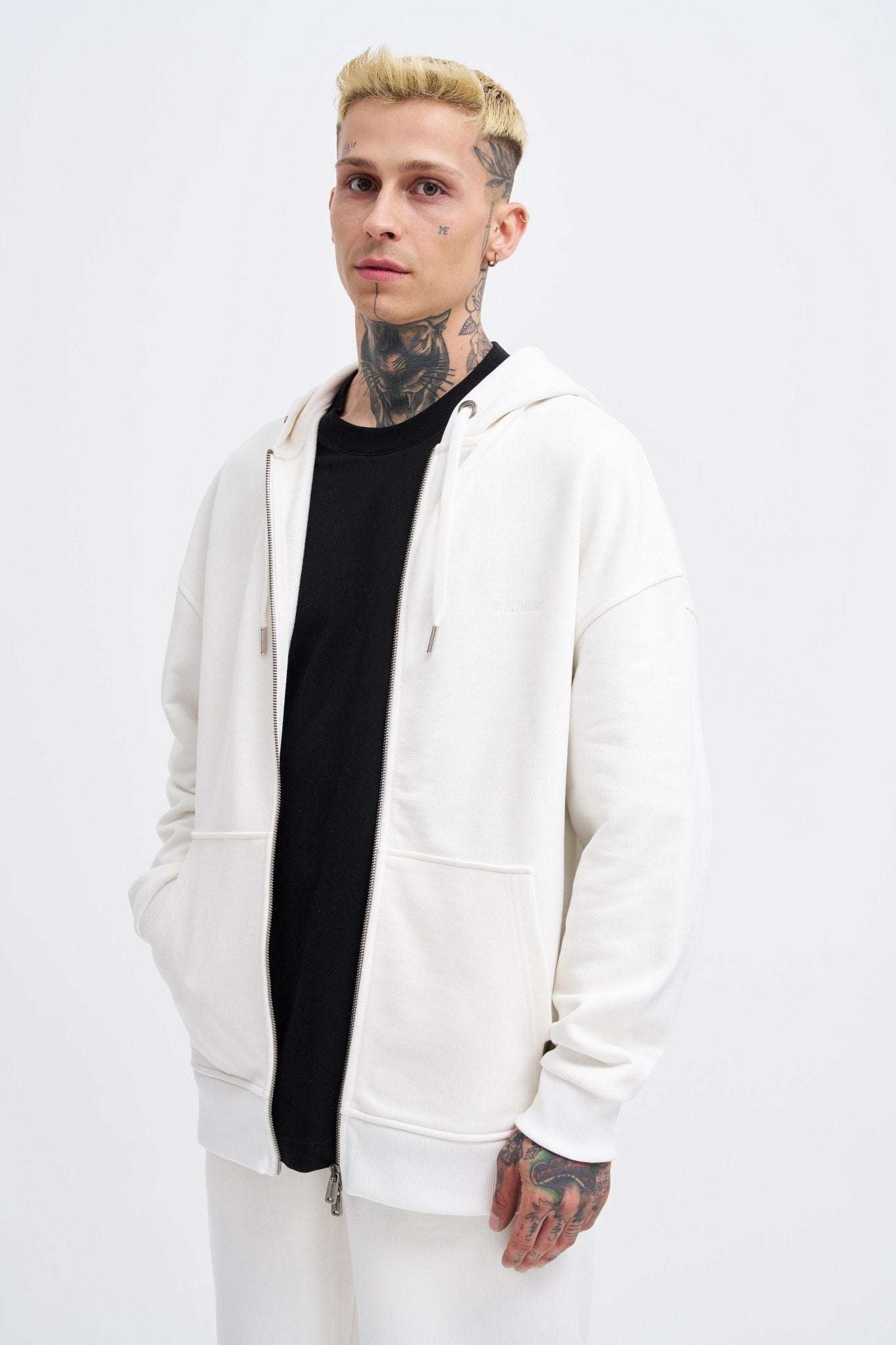 Erkek Basic Diagonal Fermuarlı Kapüşonlu Sweatshirt Ekru