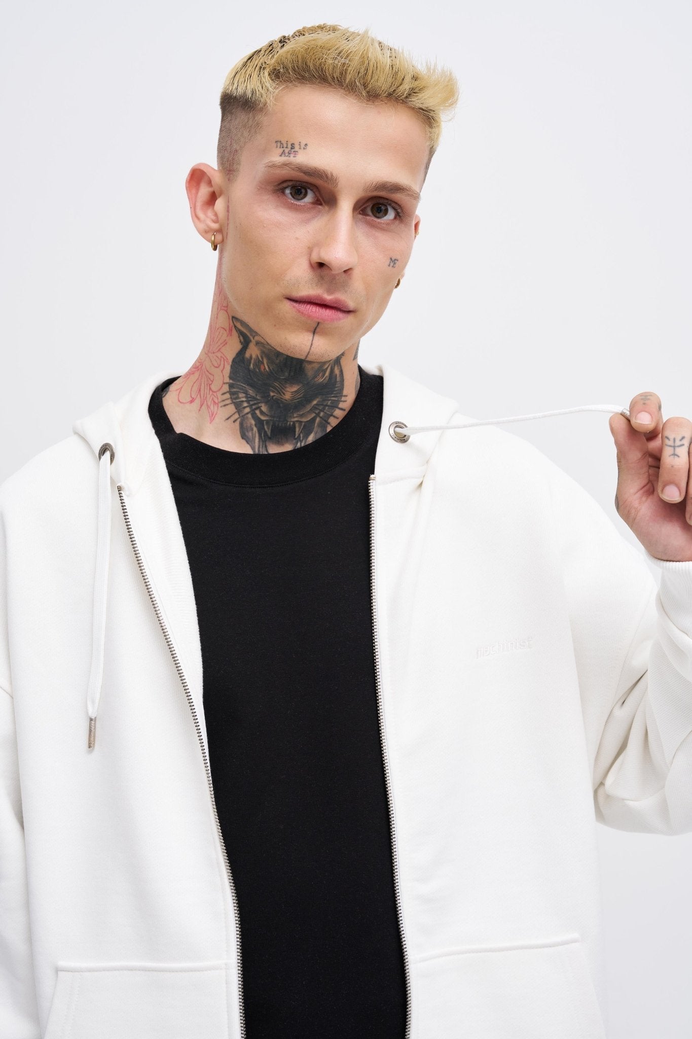 Erkek Basic Diagonal Fermuarlı Kapüşonlu Sweatshirt Ekru