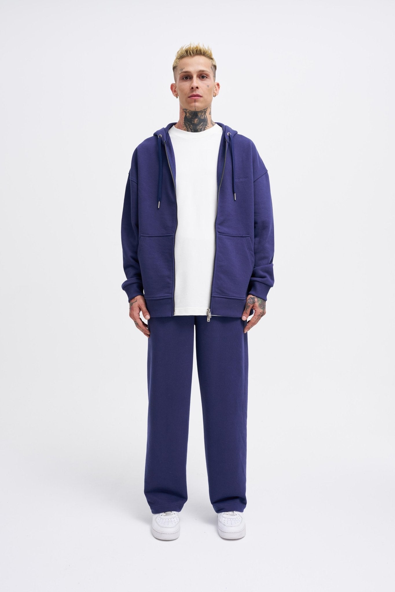 Erkek Basic Diagonal Fermuarlı Kapüşonlu Sweatshirt Gece Mavisi