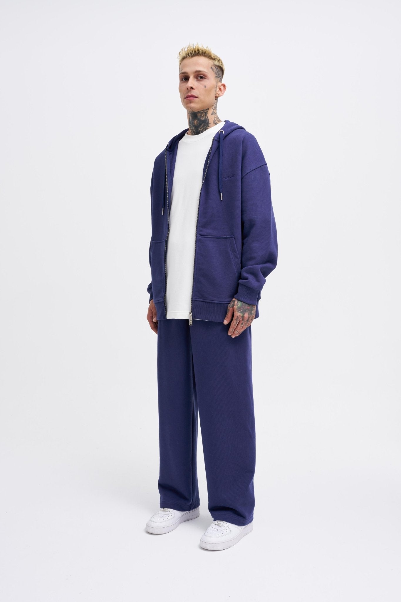 Erkek Basic Diagonal Fermuarlı Kapüşonlu Sweatshirt Gece Mavisi