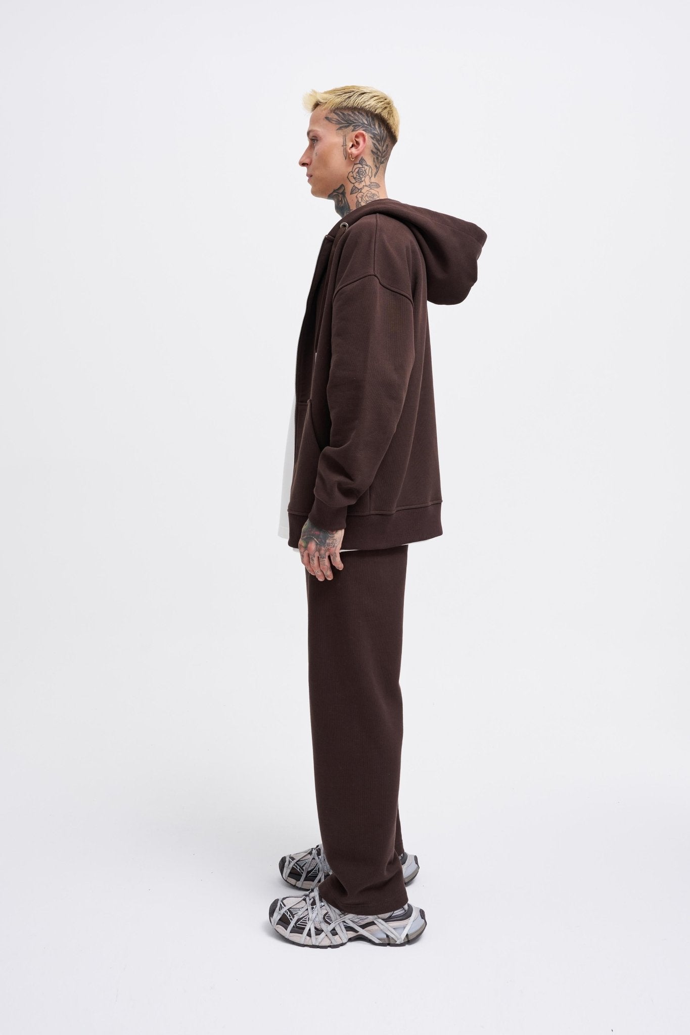 Erkek Basic Diagonal Fermuarlı Kapüşonlu Sweatshirt Koyu Kahverengi