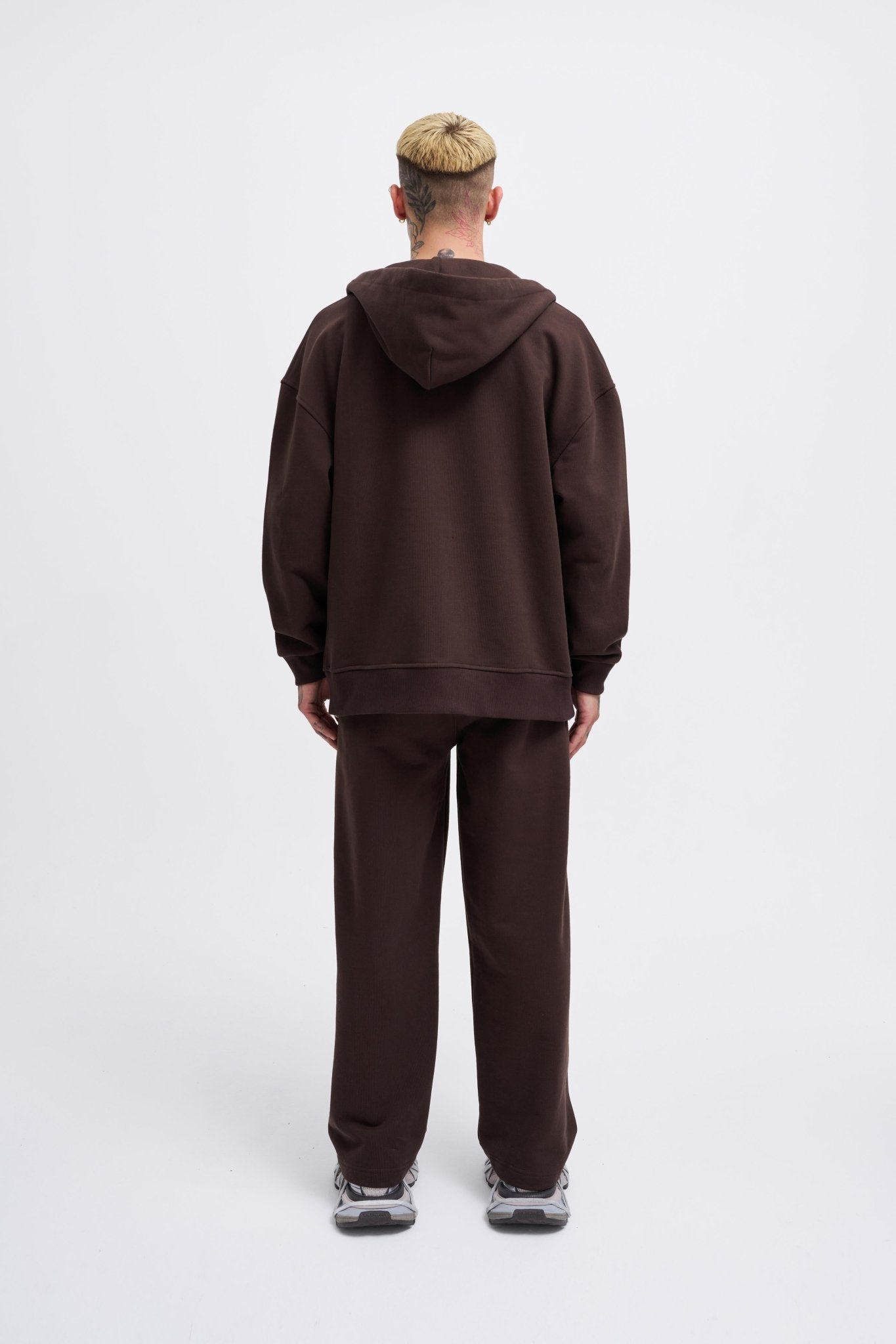 Erkek Basic Diagonal Fermuarlı Kapüşonlu Sweatshirt Koyu Kahverengi