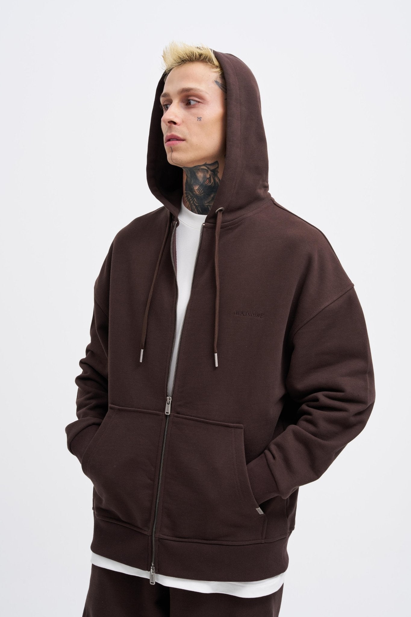Erkek Basic Diagonal Fermuarlı Kapüşonlu Sweatshirt Koyu Kahverengi