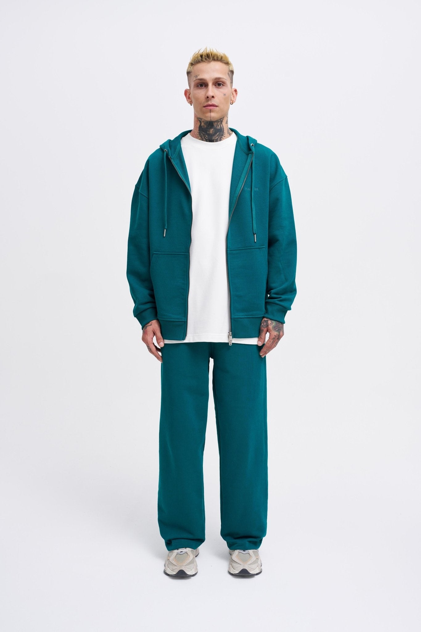 Erkek Basic Diagonal Fermuarlı Kapüşonlu Sweatshirt Yağ Yeşili