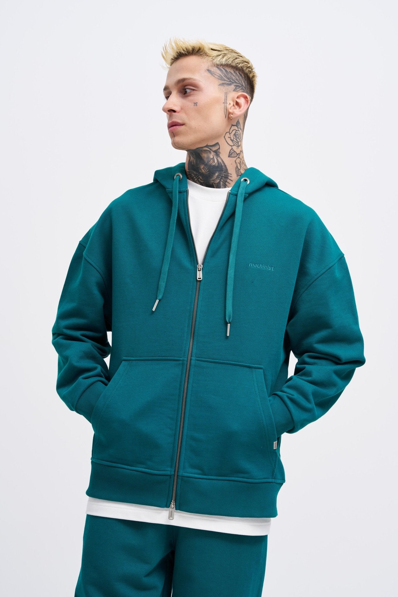 Erkek Basic Diagonal Fermuarlı Kapüşonlu Sweatshirt Yağ Yeşili