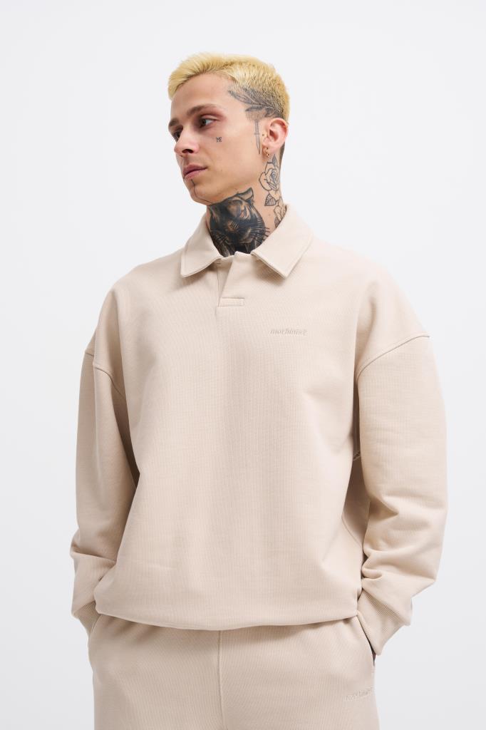 Erkek Basic Diagonal Polo Sweatshirt Açık Bej