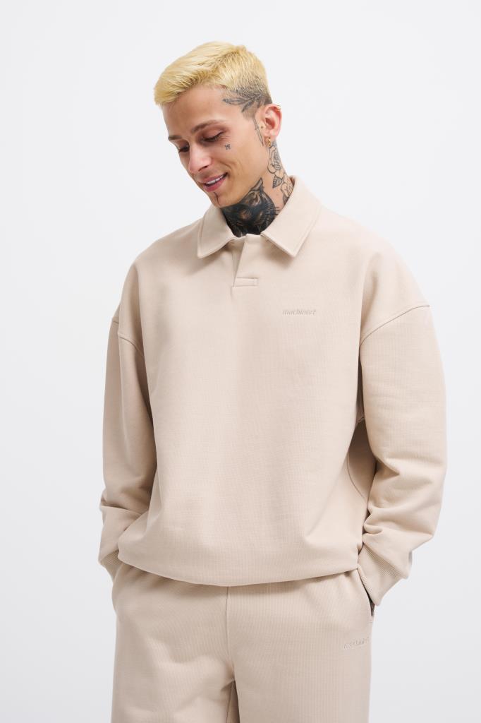 Erkek Basic Diagonal Polo Sweatshirt Açık Bej